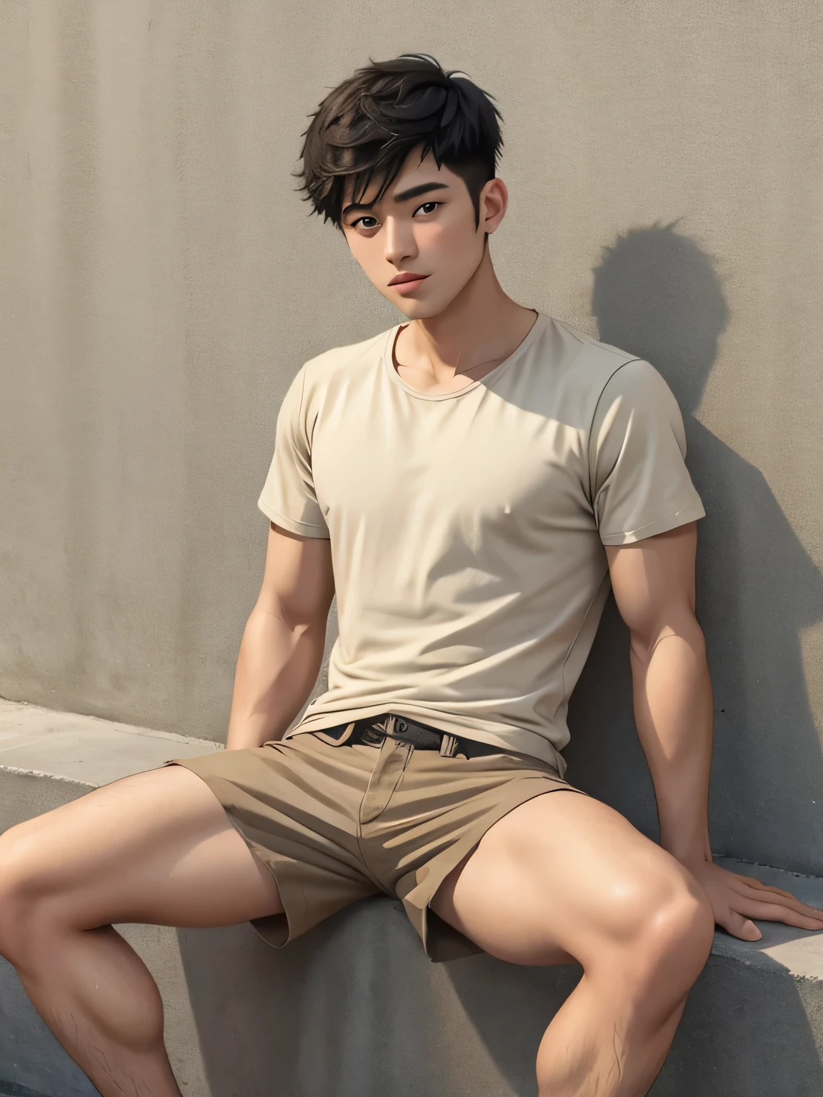 ((super sharp focus)), ((hairy legs)), hairy legs, toned legs, whole body, two block, messy shortt hair, long legs, Japan Male, 27 years old, wearing beige shorts, wearing a black T-shirt, very short hair, black hair