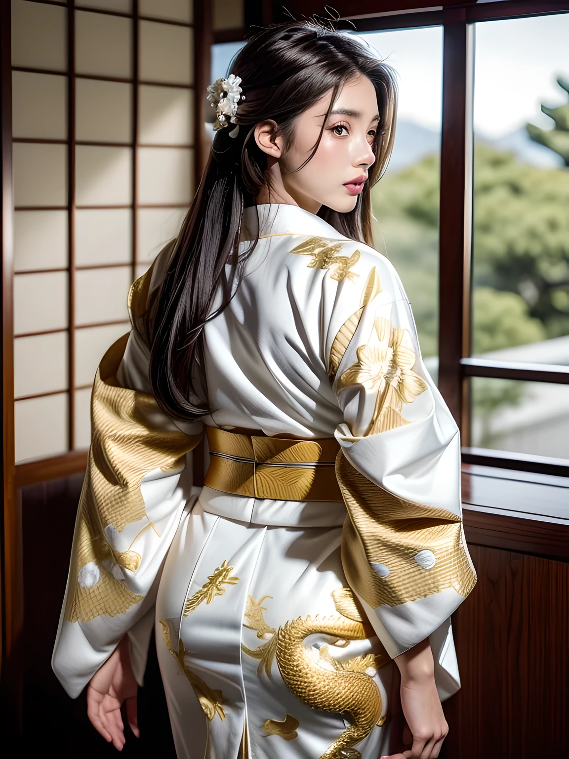 (Beautiful model in Japanese kimono commercial, beautiful straight long black hair), alone, ((face is 80% beauty and elegance, 20% pretty and cute:1.5)), clear eyes, (fine eyes, light green eyes, bright pupils), double eyelid, (Slightly thick and sexy lips:1.2), ((Super detailed and incredibly high resolution Deep-white Kimono:1.2)), Highly detailed facial texture, impressive body shape, curvaceous and very attractive woman, High resolution RAW color photography professional photography, break ultra high-resolution textures, High resolution body rendering, Big eyes, an unparalleled masterpiece, incredible high resolution, Super detailed, stunning ceramic skin, break ((Turn around to show the pattern of the kimono:1.5)), ((She wears a white kimono with plenty of glittering gold embroidery of a rising dragon.。:1.5)), ((The embroidery of the rising dragon on the white kimono is very dazzling.:1.2)), (not wearing an obi), (A carefully crafted sensual Japanese kimono), ((The embroidery pattern is a Chinese dragon rising to the sky.):1.2), ((White kimono with elaborate and elegant decorations)), (Photographed in front of the round sliding sliding window in a Japanese-style room)) break ((highest quality, 8K)), sharp focus:1.2, (layer cut, big:1.2), (beautiful woman with perfect figure:1.4), (Beautiful and elegant rear view:1.3), thin waist, (correct hand shape:1.5), (full body shot | cowboy shot)