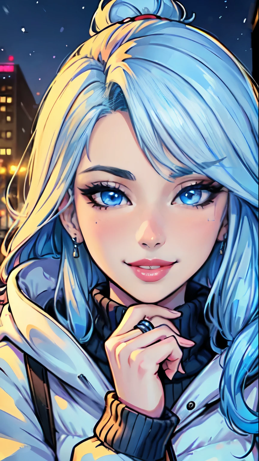 Masterpiece, raw,  beautiful art, professional artist, 8k, art style by sciamano240, very detailed face, very detailed hair, 1girl, 25 years old, perfectly drawn body, beautiful face, long hair, light blue hair , very detailed blue eyes, pouty lips , rosey cheeks, intricate details in eyes, playful smile, looking directly at viewer , happy expression, wedding ring , lipstick, winter downtown setting, very close up on face, wearing cute winter clothes, winter coat, sweater, pov talking to viewer,