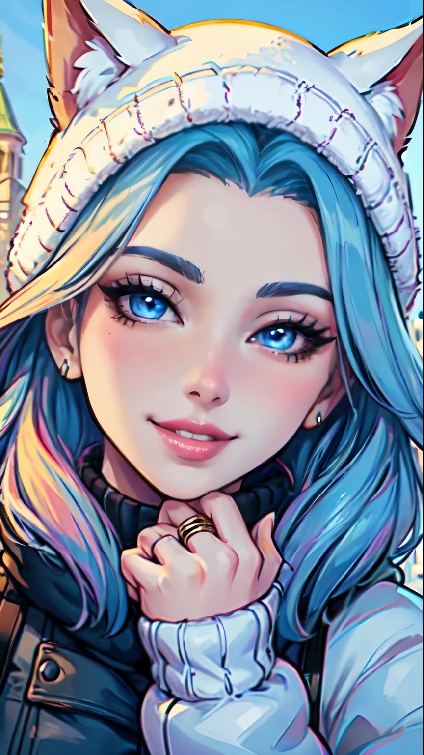 Masterpiece, raw,  beautiful art, professional artist, 8k, art style by sciamano240, very detailed face, very detailed hair, 1girl, 25 years old, perfectly drawn body, beautiful face, long hair, light blue hair , very detailed blue eyes, pouty lips , rosey cheeks, intricate details in eyes, playful smile, looking directly at viewer , happy expression, wedding ring , lipstick, winter downtown setting, very close up on face, wearing cute winter clothes, winter coat, sweater, pov talking to viewer,