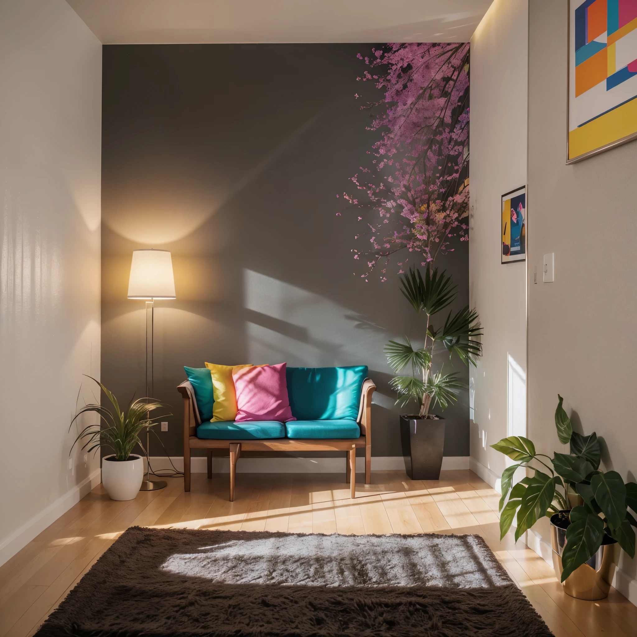 colourful,beautiful room,small light,simple wall and decor for YouTube background,(best quality,4k,8k,highres,masterpiece:1.2),ultra-detailed,(realistic,photorealistic,photo-realistic:1.37),vivid colors,bokeh,studio lighting,physically-based rendering,sharp focus,HDR,UHD,portraits,interior design,modern,cozy atmosphere,stylish furniture,bright colors,artistic details,popular YouTube background,mood lighting,aesthetic,hip,relaxing vibes,contemporary,neon lights,minimalist elements,playful accents,lively patterns,harmonious color scheme,artificial plants and flowers,metallic accents,colorful tapestries,ambient lighting,art deco touches,gradient colors,geometric patterns,abstract artwork,positive energy,upbeat vibes,inspiring environment,visually appealing,eye-catching aesthetics,colored furniture,modern technology integration,streamlined design,clean lines,refreshing atmosphere,inviting space,enticing backdrop,social media-friendly setting,optimized video recording environment.