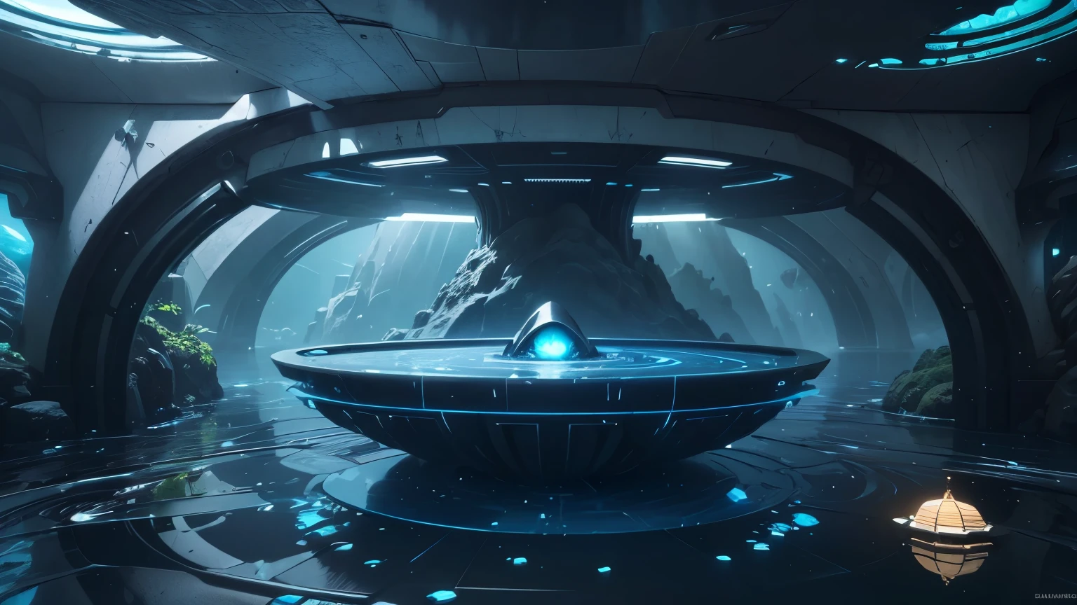 ((Seaart logo)) !top quality! masterpiece! Cinematic image. 3D-визуализация. The scene was recreated using Unreal Engine.. Highest quality, details, textures, materials, and clear forms (sleek bionic, synthetic material, fake diamond, plastic, metal). Black radiance from the depths of forms, alien ship, alien civilization, alien worlds. One creature. Front camera view, perspective, with watery ceilings, deep grotto, and membrane floor.