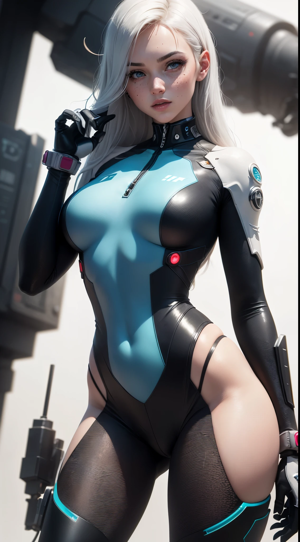 (((Young White Woman))), ((Best Quality)), ((Masterpiece)), (Detail: 1.4), 3D, A Beautiful Cyberpunk Woman with Simon Bisley-style micro thong, Genesis evangelion neon style clothing, 2-piece clothing, Long silver hair, arm tatoo, cybernetic hands, (((girl in mech suit))) , ((cyberpunk girl)), pastel, Centered, scale to fit the dimensions, nffsw (High dynamic range),Ray tracing,NVIDIA RTX,Hyper-Resolution,Unreal 5,Subsurface Dispersion, PBR Texture, Post-processing, Anisotropy Filtering, depth of fields, Maximum clarity and sharpness, Multilayer textures, Albedo and specular maps, Surface Shading, accurate simulation of light and material interactions, Perfect proportions, Octane Render, Two-tone lighting, Wide aperture, Low ISO, White Balance, thirds rule, 8K Raw, Crysisnanosuit,loraeyes,nijistyle,pantyhose, freckles, nsfw, sexual pose , High detailed, 300dpi, ((((white background))), (((flirt))), Blue eyes