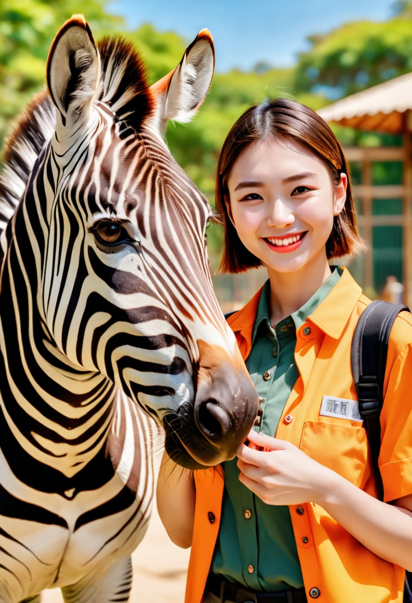 a female zoo administrator, 22yo, Take a photo with Zebra, Super high saturation, bright and vivid colors, Smile, high details, super detail, highres, (best quality, masterpiece, Representative work, official art, Professional, 8k)