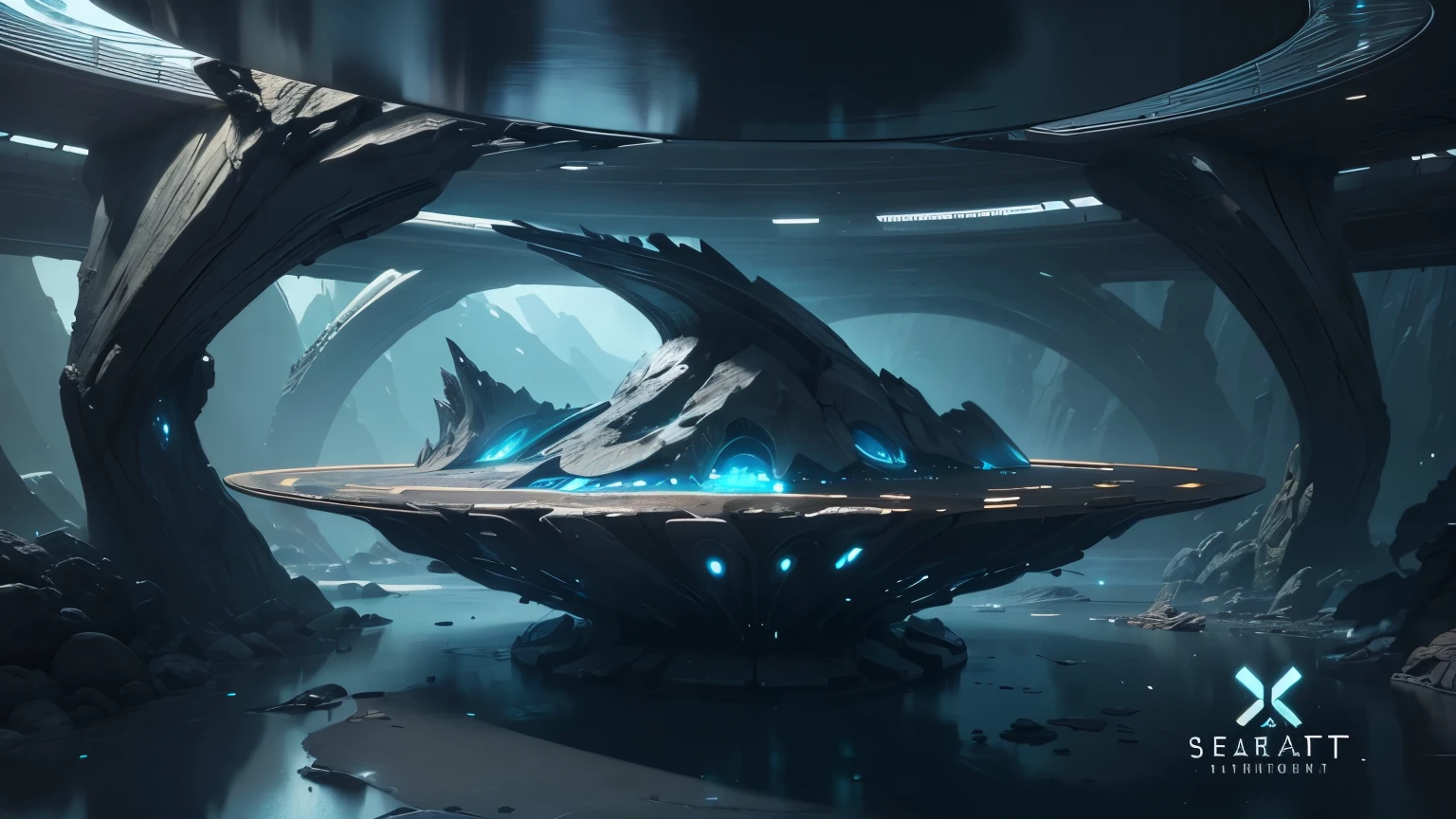((Seaart logo)) !top quality! masterpiece! Cinematic image. 3D-визуализация. The scene was recreated using Unreal Engine.. Highest quality, details, textures, materials, and clear forms (sleek bionic, synthetic material, fake diamond, plastic, metal). Black radiance from the depths of forms, alien ship, alien civilization, alien worlds. One creature. Front camera view, perspective, with watery ceilings, deep grotto, and membrane floor.