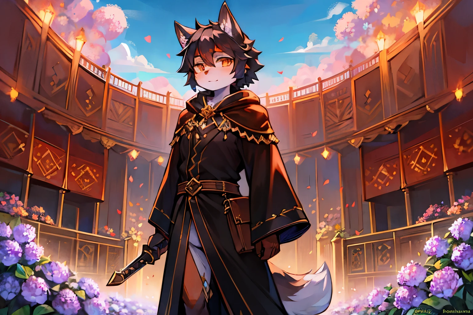 A wolf with orange eyes and black hair，Orange robe，brown cloak，Sabre at the waist，Holding a long sword，hydrangeas，Rosa flowers，clear blue skies，Lovely Shota，looking at the audience，Grand background，bright shades
