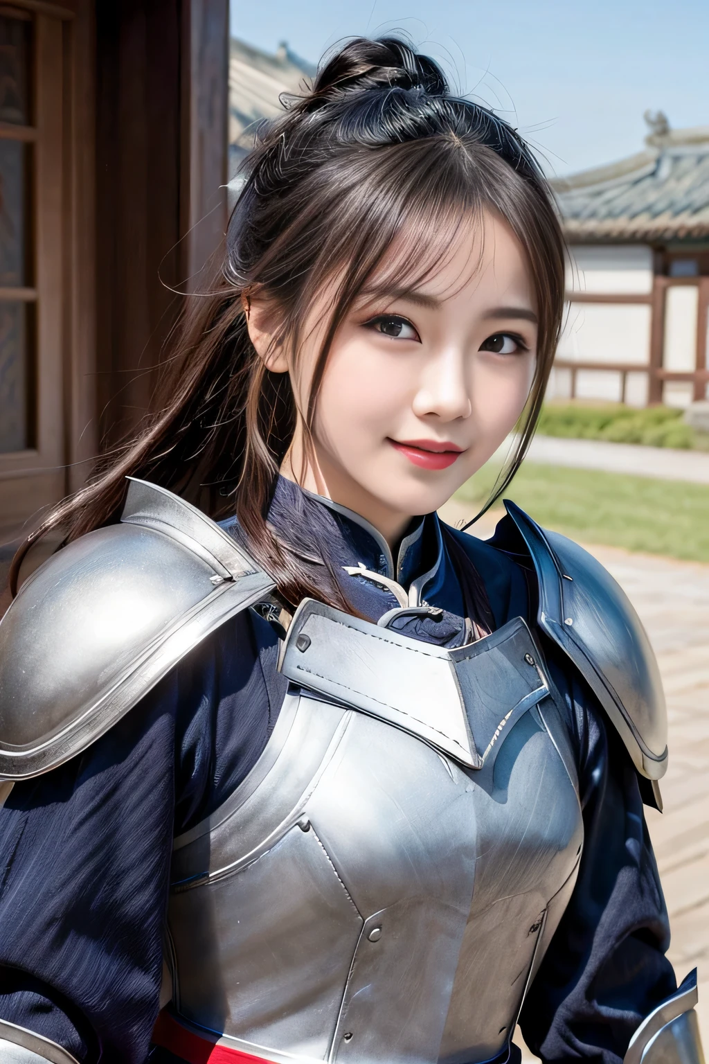 Chinese female general Hua Mulan，reddish brown leather armor，Silver metal shoulder pads，Silver metal breastplate，battlefield background，majestic，Smile（open mouth）（The corners of the mouth are raised），full-body shot，There is no shadow on the face，Bundle hair，Hair bun raised high。outdoor background