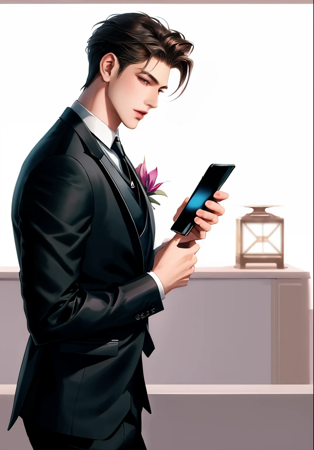 A man in a suit and tie is looking at his cell phone., Handsome anime poses, handsome anime boy, elegant profile poses, profile poses, high quality fanart, beautiful androgynous prince, Digital art of elegance, Discreet posture, Stand in elegant poses, male anime characters, Inspired by Hisui Sugiura, Men's Poses, Male Art