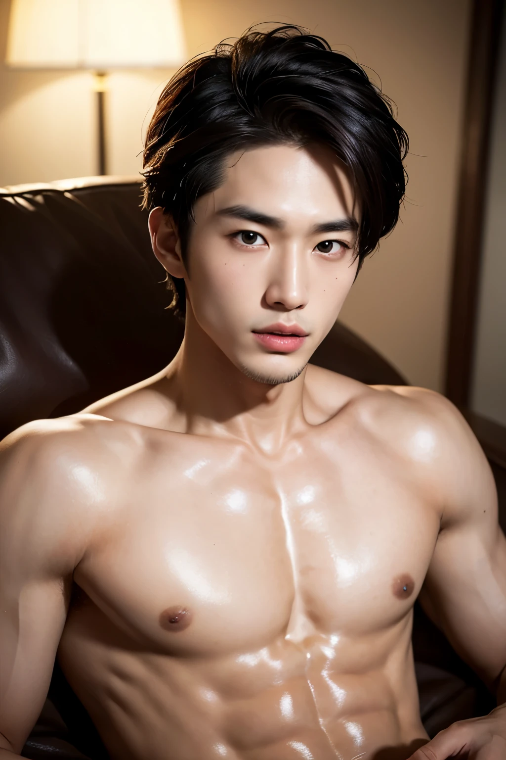 Hot Korean man, 20 years old, handsome face, well-groomed facial hair, naked, engaging a seductive stare into the camera for a captivating portrait, Ultra-high definition, masterpiece, 8K RAW photo, photorealistic rendering, perfectly sculpted abs and muscles, intricately detailed body, smooth and toned skin, radiant with a natural glow, provoking an alluring and sensual visual experience. (Man's face: 1.3), (Well-defined jawline: 1.4), (Vibrant eyes: 1.4), (Slightly parted lips: 1.2), (Body in perfect proportion