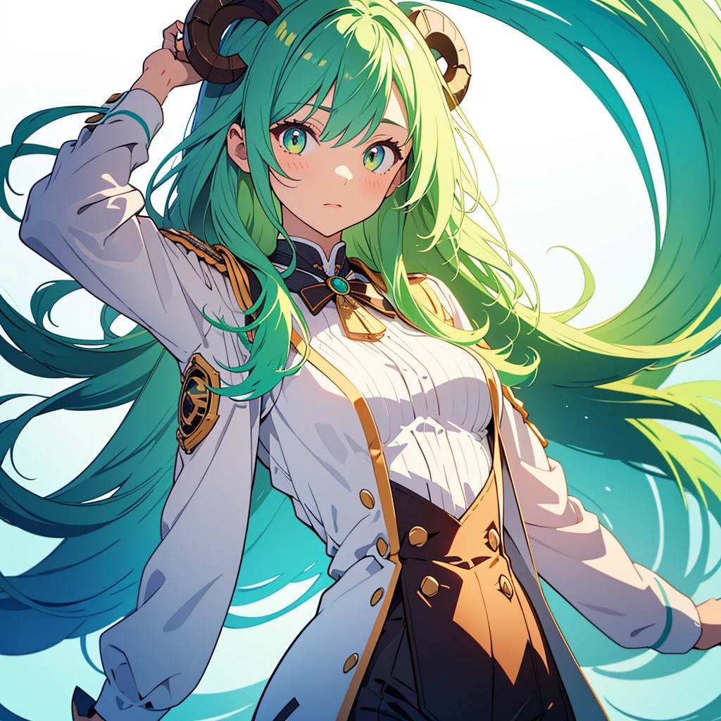 ((Live 2D)) masterpiece, 1 girl, whole body, stand up straight, steampunk clothes, uniform, looking at the viewer, detailed face, girl with green wavy hair, bangs, Metal sheep horns, gradient hair, colorful hair, light green hair, Turquoise Hair Tips, wavy hair, gradient eyes, orange eyes, (simple background, white background: 1.3)