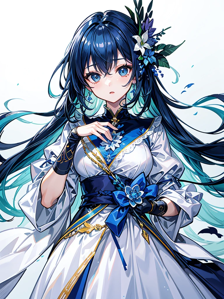 (((masterpiece、Highest image quality、highest quality、highly detailed unity 8kwallpaper)))、((Illustration of one girl))、(((beautiful girl)))、blue hair、white clothes