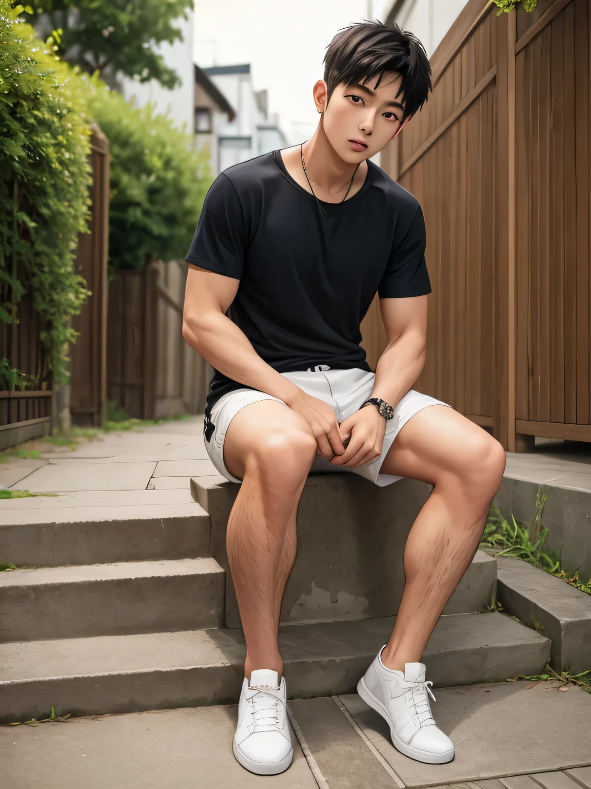 ((super sharp focus)), (((hairy legs))), hairy legs, toned legs, whole body, two block, messy shortt hair, long legs, Japan Male, 27 years old, wearing beige shorts, wearing a black T-shirt, very short hair, black hair