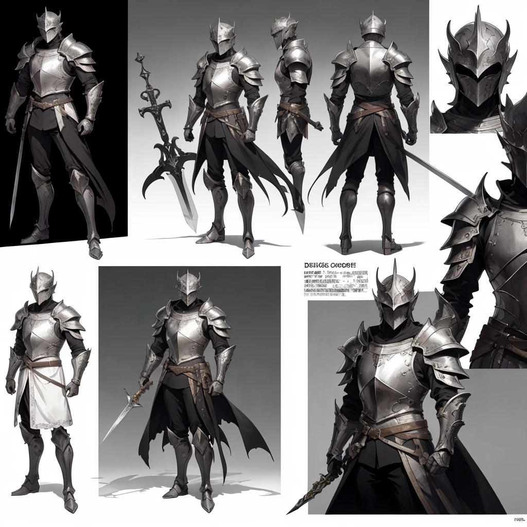 (Design sheet:1.3), (multi-angle and detailed view:1.3),Silver armor、armor, European armor, male focus, sword and shield, knight,  helmet weapon, sitting on lap, (pay)
break
greyscale, whole body, (Raising the Sword to Heaven), alone,
break
absurdres, High resolution, super detailed, (1 male:1.3),
break
, low-key lighting, moody ambiance, dark shadow, subtle highlights, 神秘的なオーラを破breakる
, chiaroscuro, high contrast, dramatic shadow, Bold highlights, moody atmosphere, Seductive strength, Expressive brush strokes that break
, photo editing, Changed reality, fantastical scenes, Digital Artistry, creative editing, evocative narratives, striking visuals