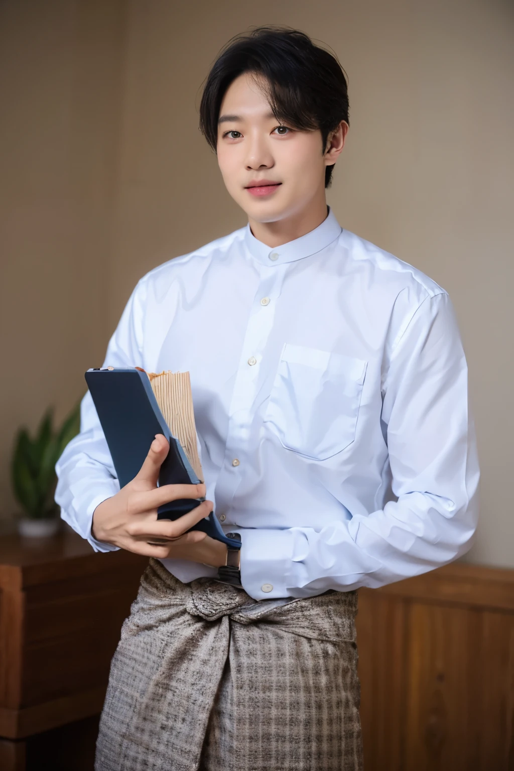 1boy, handsome male, face, beard, white background, wearing black longyi, white shirt, amm mc outfit, acmm tp outfit, acmm cp outfit, wearing acmm top, very attractive, blurry_background, (high detailed skin:0.8), 8k uhd, dslr, soft lighting, HDR, warm light, high quality, film grain, Fujifilm XT3,
