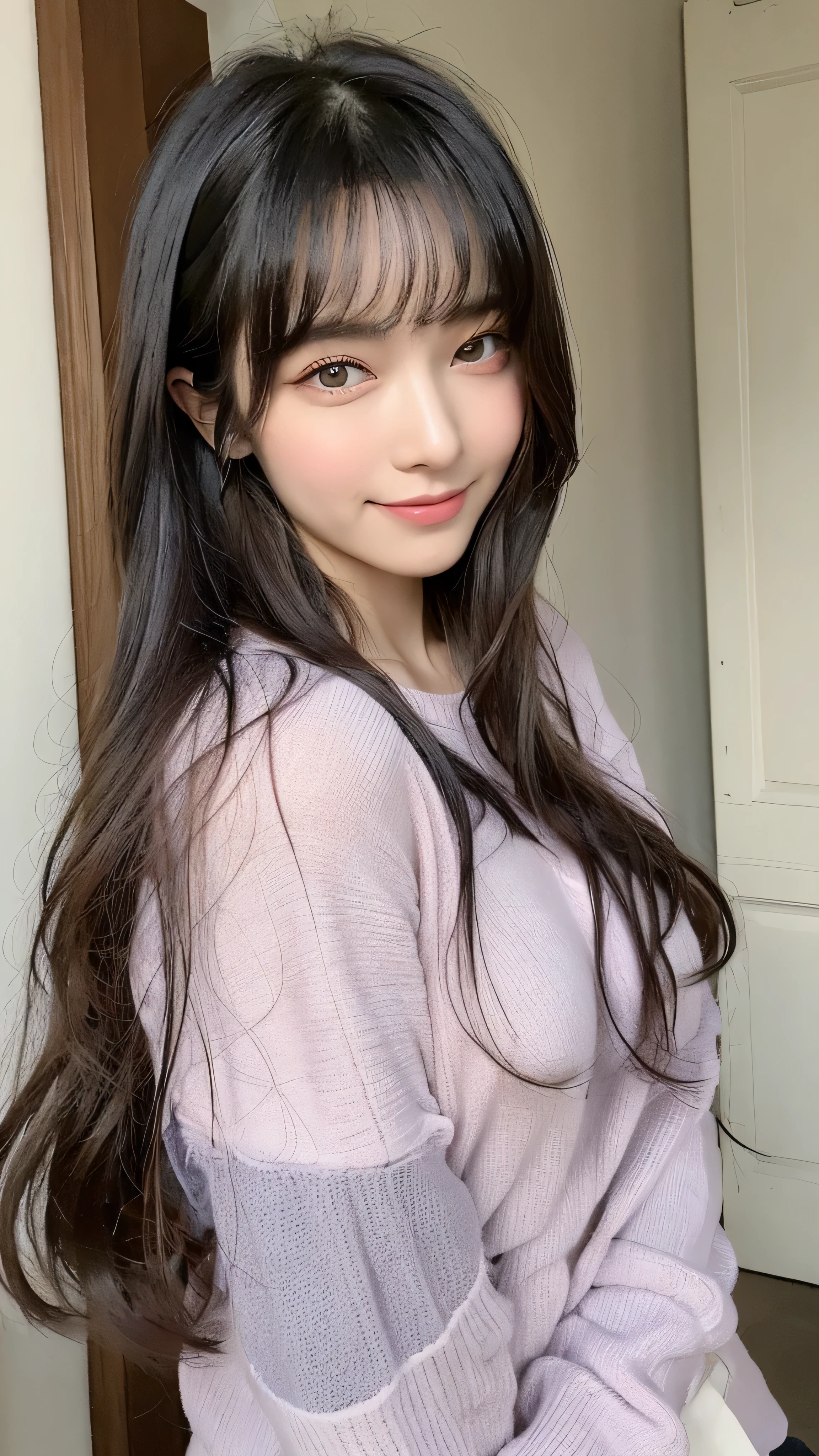 front、smile、T-shirt、long hair、soft face、black hair、8K resolution、surreal、super fine、 ((highest resolution、8K、masterpiece:1.3))、super fineな顔、super fineな唇、fine eyes、double eyelid、front:1.0、whole body:1.2、cute