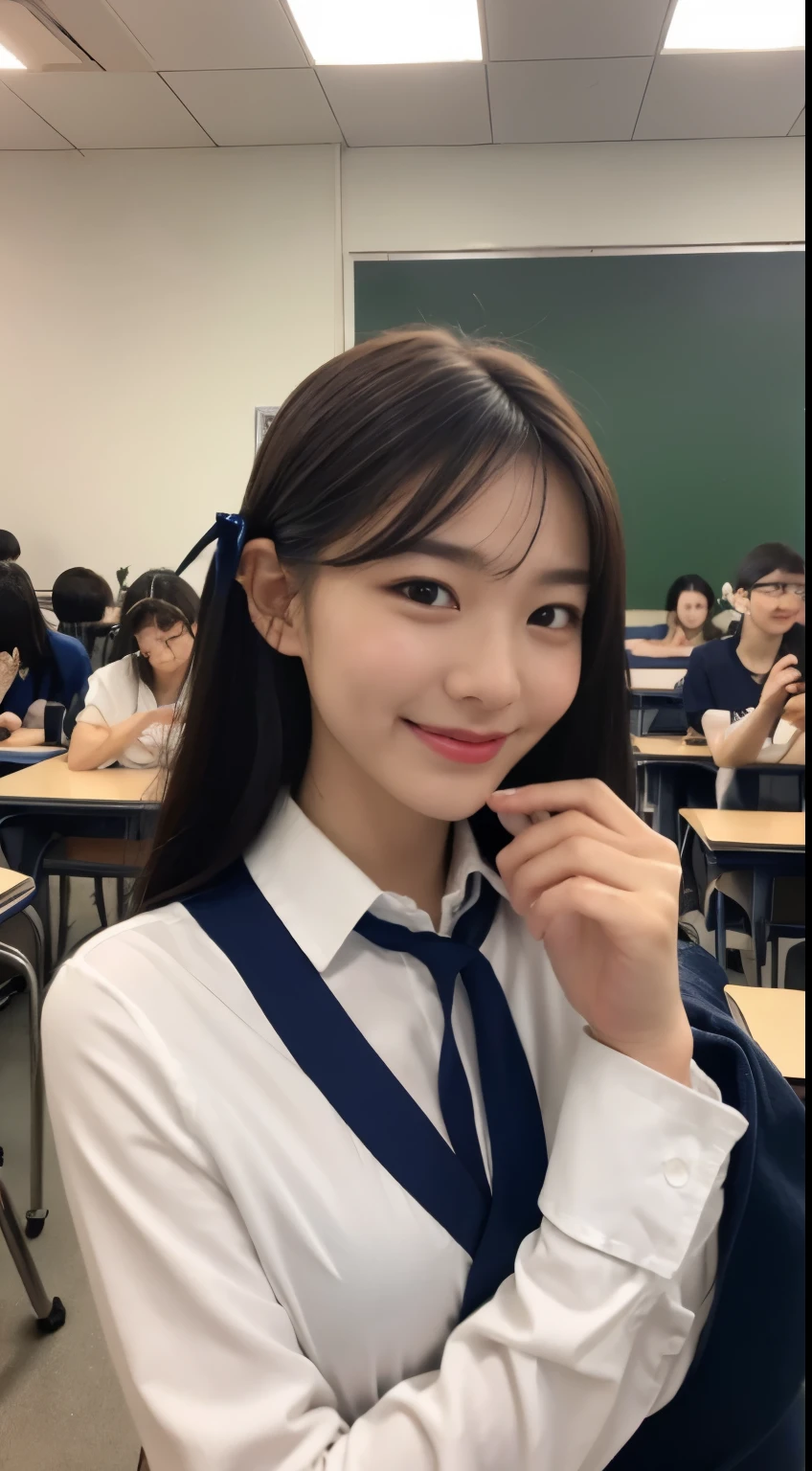 Highly be familiar with 8k wallpaper), sharp focus, be familiar with, dramatic, delicate and beautiful high school girl, white shirt, navy blue ribbon collar, Dark blue pleated micro mini, sexy, smile, peek at the audience, Beautiful graphics, Bright school building, In a room full of students, show your whole body,.