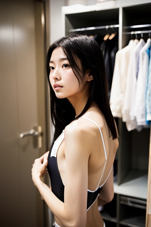 A Japanese woman with long black hair is changing into a swimsuit in the changing room.　C cup　surreal　