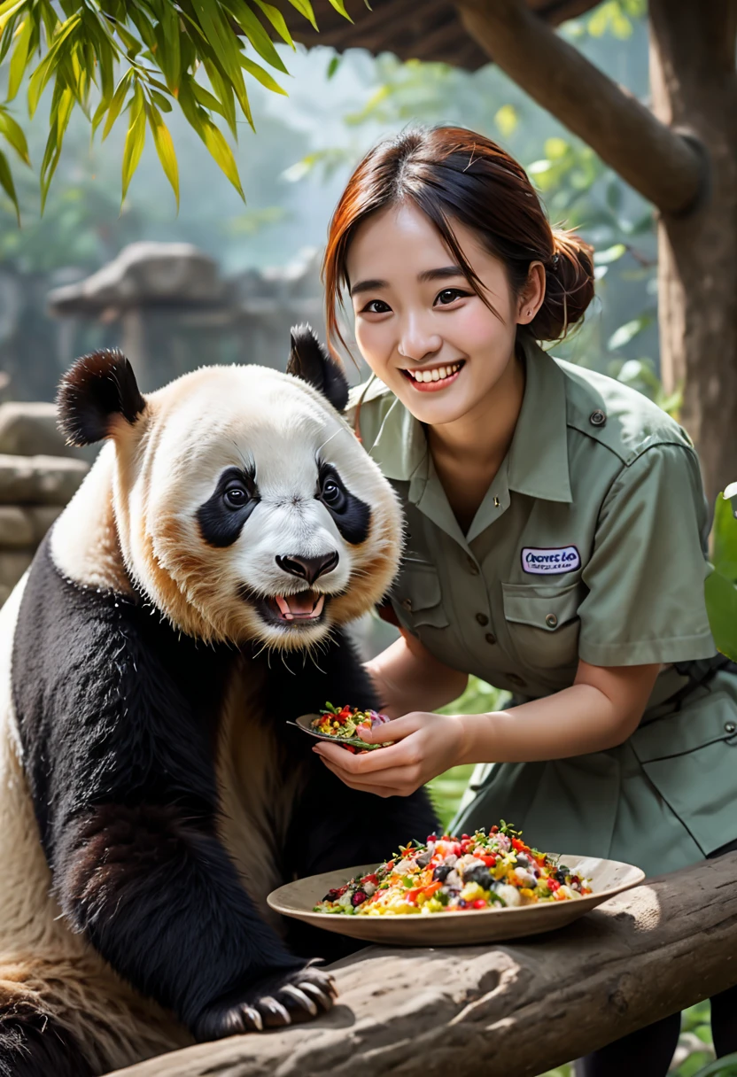 a female zoo administrator, 22yo, feeding panda, Super high saturation, bright and vivid colors, Smile, high details, super detail, highres, (best quality, masterpiece, Representative work, official art, Professional, 8k)