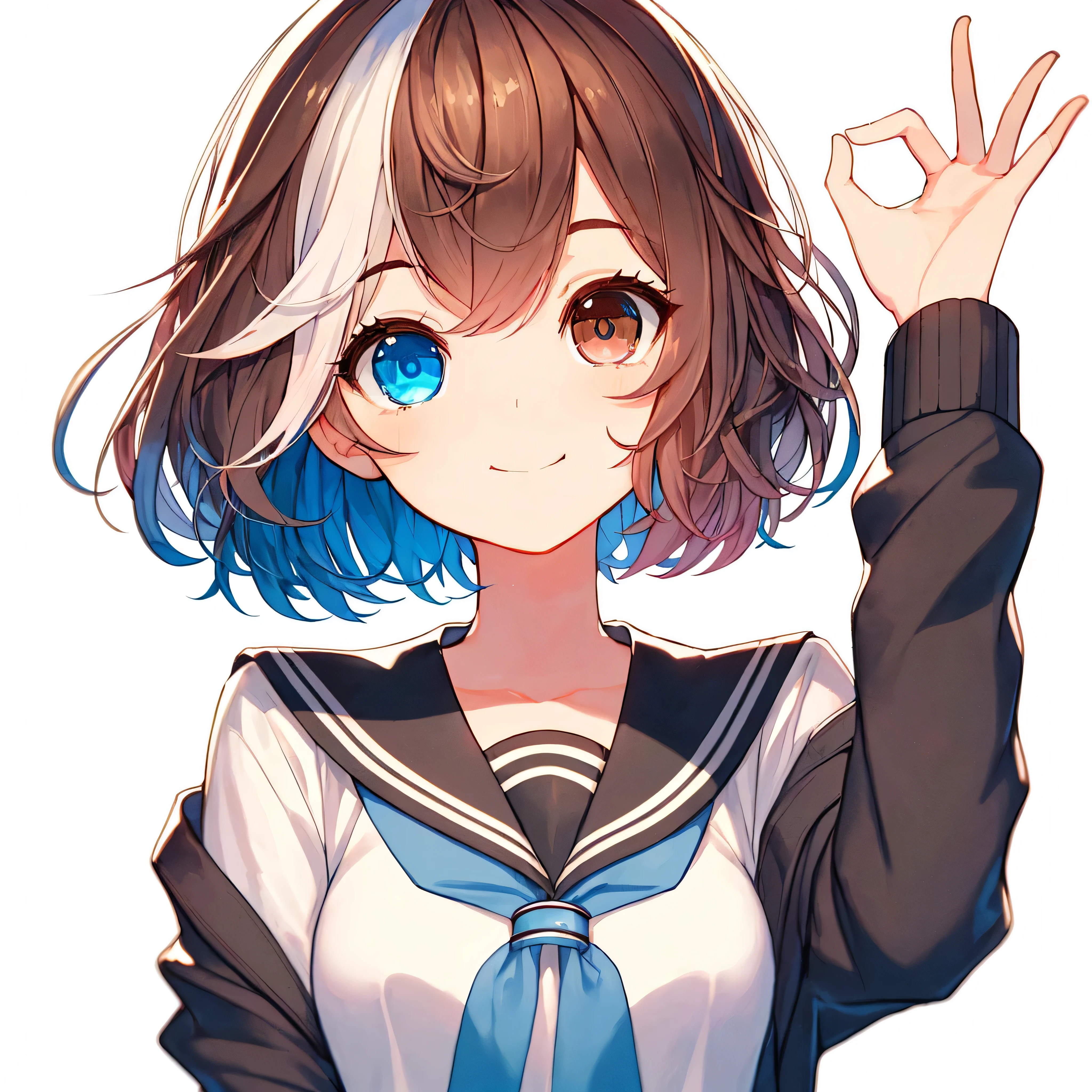 flat, High quality illustration of a short anime style girl, two-tone brown and blue hair, Wavy texture and no bangs, reveal her forehead. she has heterochromia, One eye is bright blue、the other eye is brown. she looks up with her eyes up, as if looking from a high angle. her body is slender and delicate, With a soft and gentle face, With a smile and a hand「OK」Making a sign. Wearing school uniform and sneakers, set on white background. スタイルはクリーンでflatです, Typical high quality anime official art.