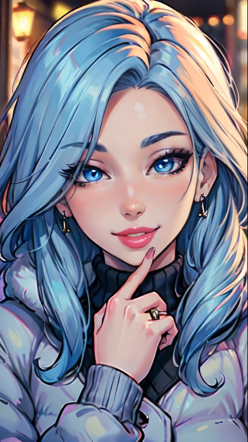 Masterpiece, raw, beautiful art, professional artist, 8k, art style by sciamano240, very detailed face, very detailed hair, 1girl, 25 years old, perfectly drawn body, beautiful face, long hair, light blue hair , very detailed blue eyes, pouty lips , rosey cheeks, intricate details in eyes, playful smile, looking directly at viewer , happy expression, wedding ring , lipstick, winter downtown setting, very close up on face, wearing cute winter clothes, winter coat, sweater, pov looking at viewer,