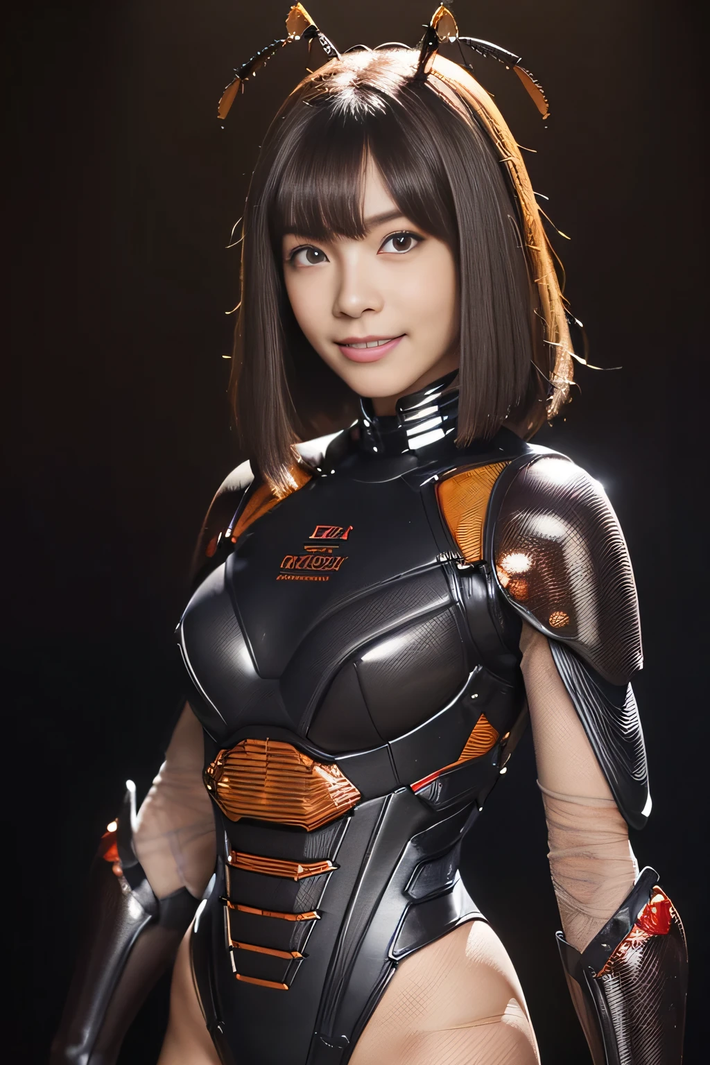 (High resolution,masterpiece,highest quality,Very detailed CG, anime, official art:1.4), realistic, photograph, amazing detail, all complicated, luster and luster,great many layers, 8k wallpaper, 3D, sketch, cute, figure,( alone:1.4), perfect female proportions,villain's daughter, (Fusion of dark brown cockroach and lady:1.4), (brown cockroach form lady:1.2), (brown cockroach woman:1.2), (Fusion:1.2), (alone:1.4), (evil smile:1.2), muscular, abs, (Cockroach brown exoskeleton bio insect suit:1.4), (Cockroach brown exoskeleton bio insect armor:1.2), (brown transparent cockroach feathers:1.4), (brown cockroach antenna:1.3),