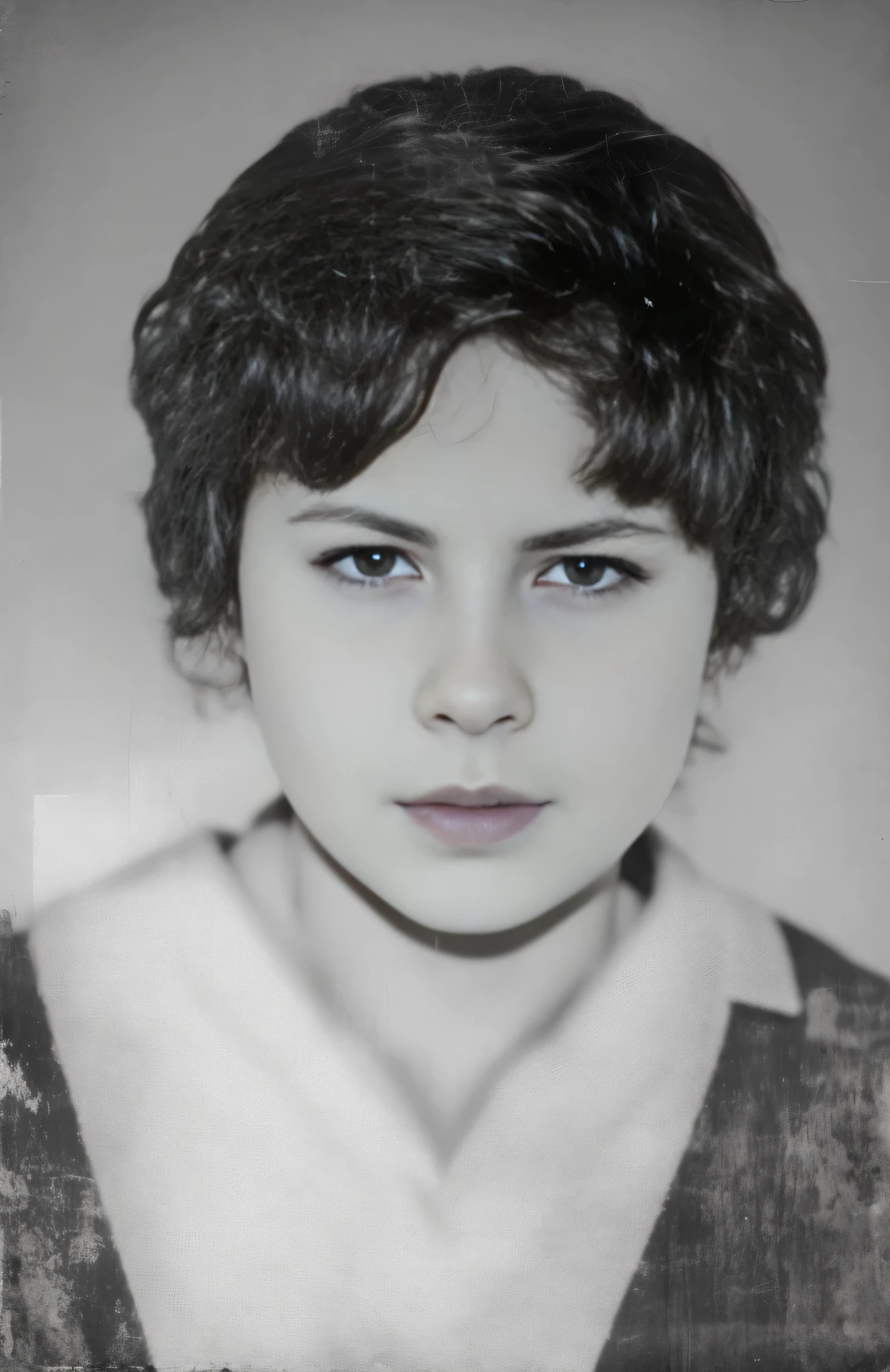 Arafed photograph of a woman with messy hair., grainy damFoto envejecida, foto de la chica, front portrait of a girl, Sofia Melenko, damFoto envejecida, inspirado en Katia Chausheva, Foto envejecida, Foto antigua realista, collodion photography, Retrato cerrado, nika maisuradze, black and white old photograph