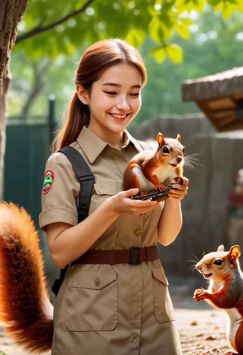a female zoo administrator, 22yo, feeding squirrel, Super high saturation, bright and vivid colors, Smile, high details, super detail, highres, (best quality, masterpiece, Representative work, official art, Professional, 8k)