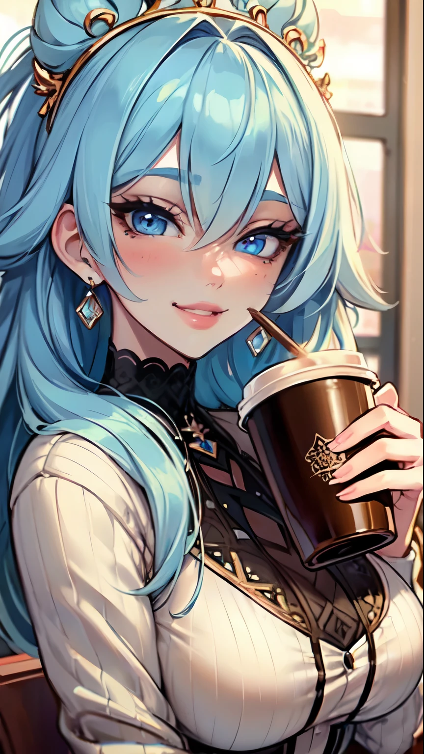 Masterpiece, raw, beautiful art, professional artist, 8k, art style by sciamano240, very detailed face, very detailed hair, 1girl, 25 years old, perfectly drawn body, beautiful face, long hair, light blue hair , very detailed blue eyes, pouty lips , rosey cheeks, intricate details in eyes, playful smile, looking directly at viewer , happy expression, wedding ring , lipstick, modern coffee shop setting, very close up on face, wearing trendy winter clothes, drinking a coffee,