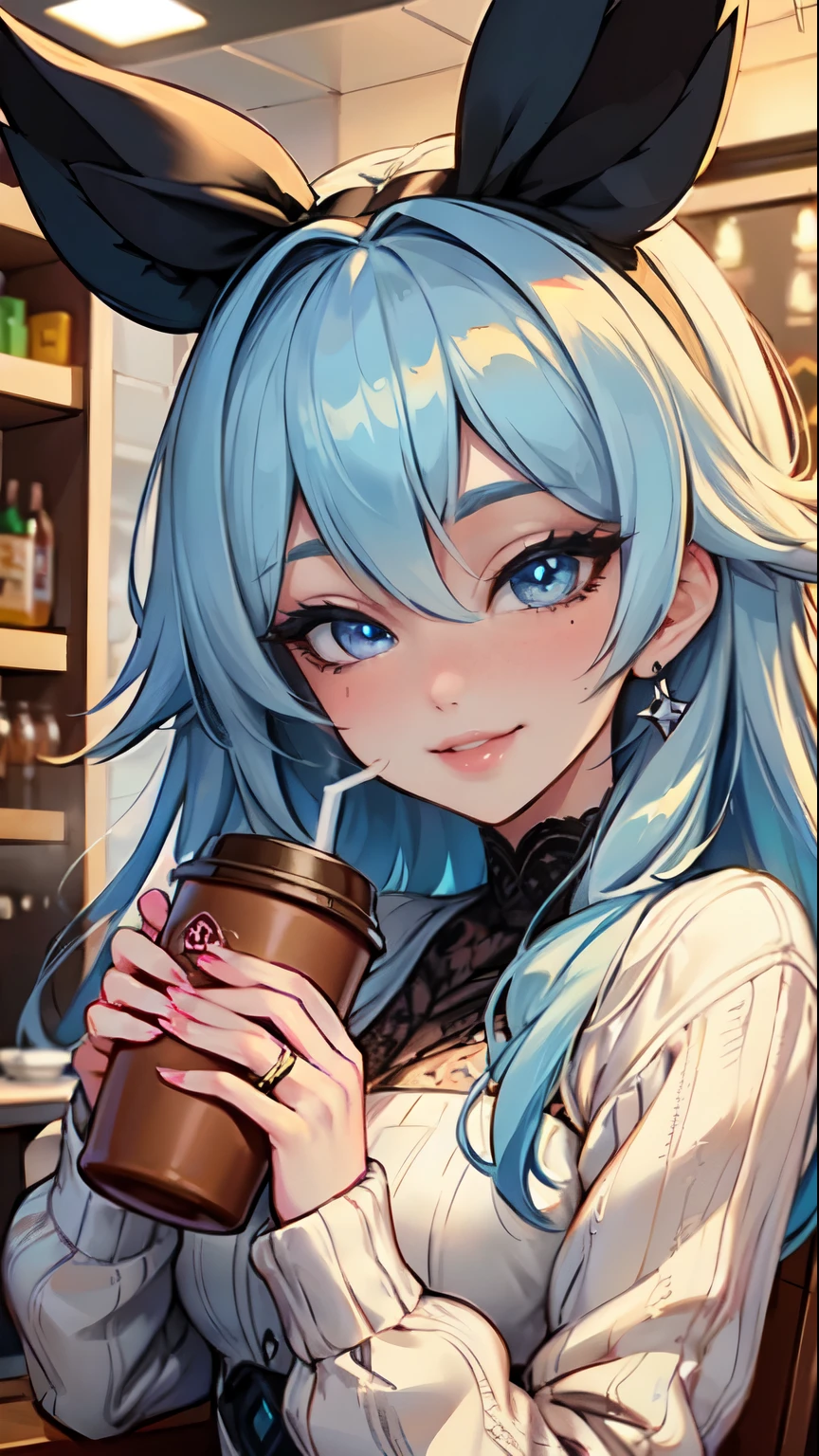 Masterpiece, raw, beautiful art, professional artist, 8k, art style by sciamano240, very detailed face, very detailed hair, 1girl, 25 years old, perfectly drawn body, beautiful face, long hair, light blue hair , very detailed blue eyes, pouty lips , rosey cheeks, intricate details in eyes, playful smile, looking directly at viewer , happy expression, wedding ring , lipstick, modern coffee shop setting, very close up on face, wearing trendy winter clothes, drinking a coffee,