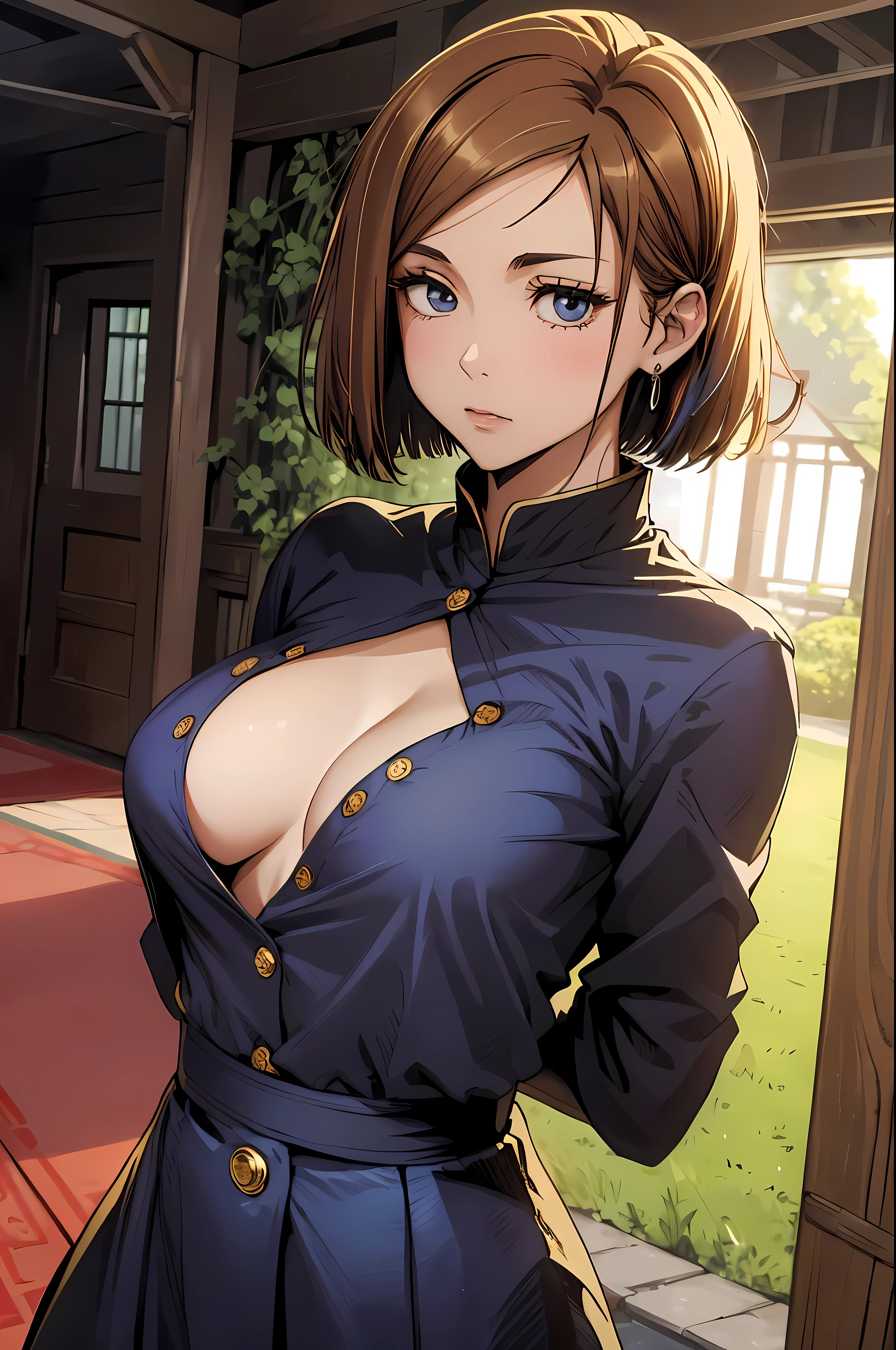 NovaraJK , top quality、Best image quality、masterpiece、age girl((18 years old、 aging、best tits、medium chest,wide open chest car、light blue eye pads, black and gold hair、slim,Big valley、dye one's cheeks red、Pretty Pose)),high quality、beautiful art、background((Inside the inn、night、Red Carpet))、table top、depth of field,picture, (1 woman:1.4), (alone:1.2), (Black shirt,black pantsuit, buttons)