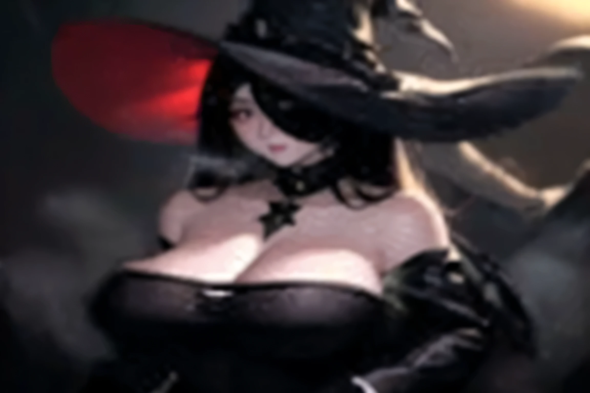 witch with black hat and red wings sitting on a black chair, guweiz, [32k hd]^10, 2 b, 2b, 4k], 4 k ], flirty anime witch casting magic, pixiv 3dcg, /!\ the sorceress, dark witch, wlop!!, castlevania witch, dark sorceress