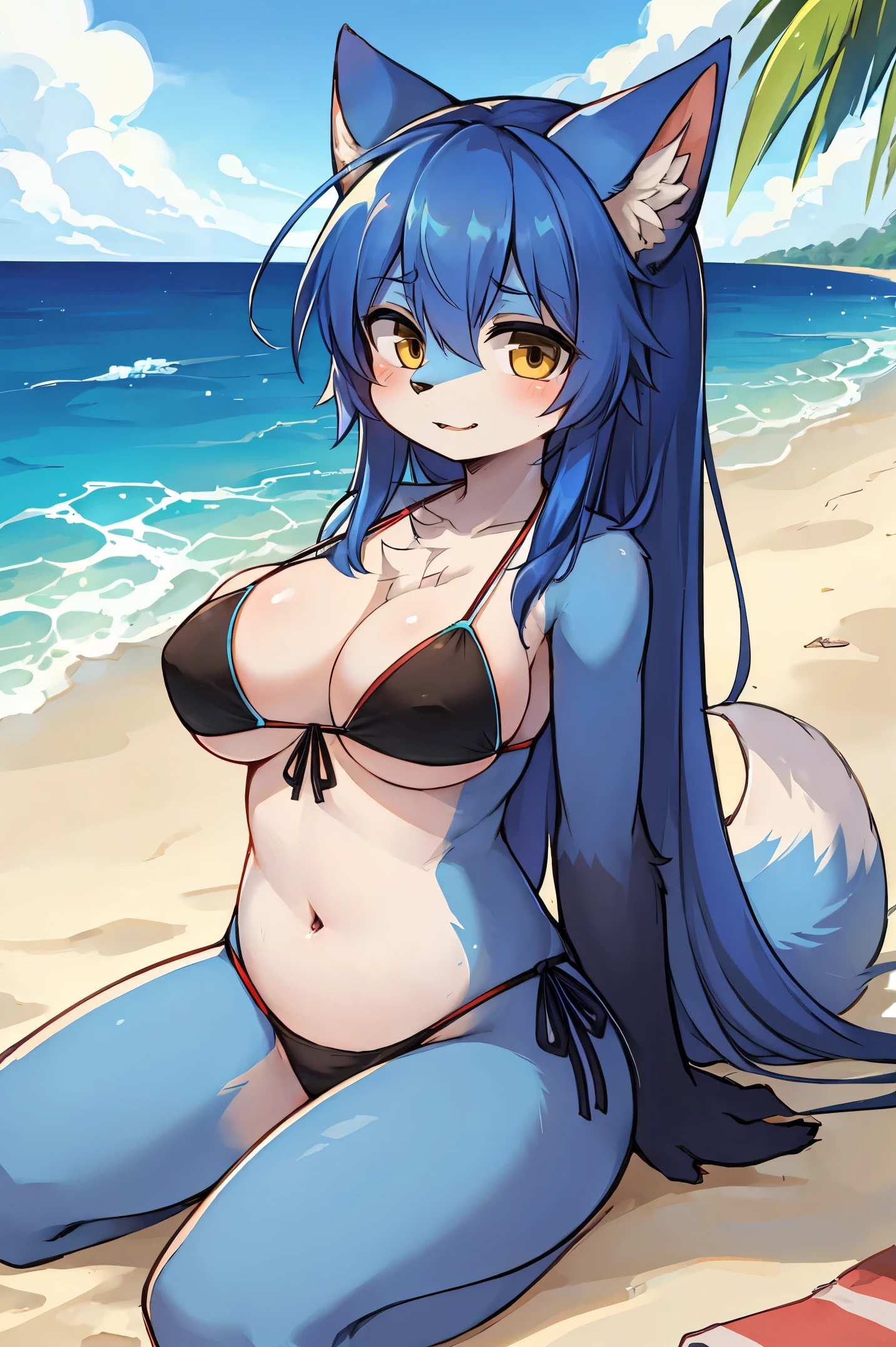 Blue Fur Fox, bikini, beach, female, highest quality, solo, long hair, medium hair