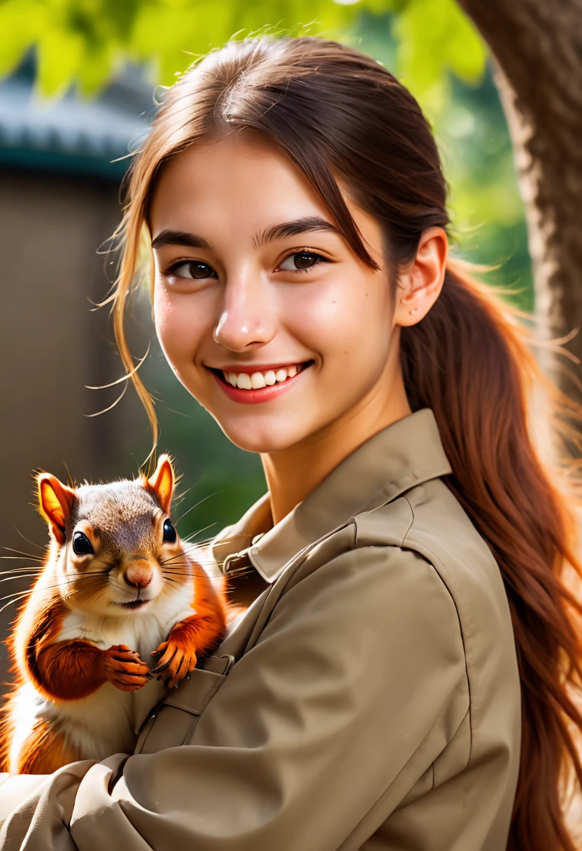a female zoo administrator, 22yo, photo with squirrel, Super high saturation, bright and vivid colors, Smile, high details, super detail, highres, (best quality, masterpiece, Representative work, official art, Professional, 8k)
