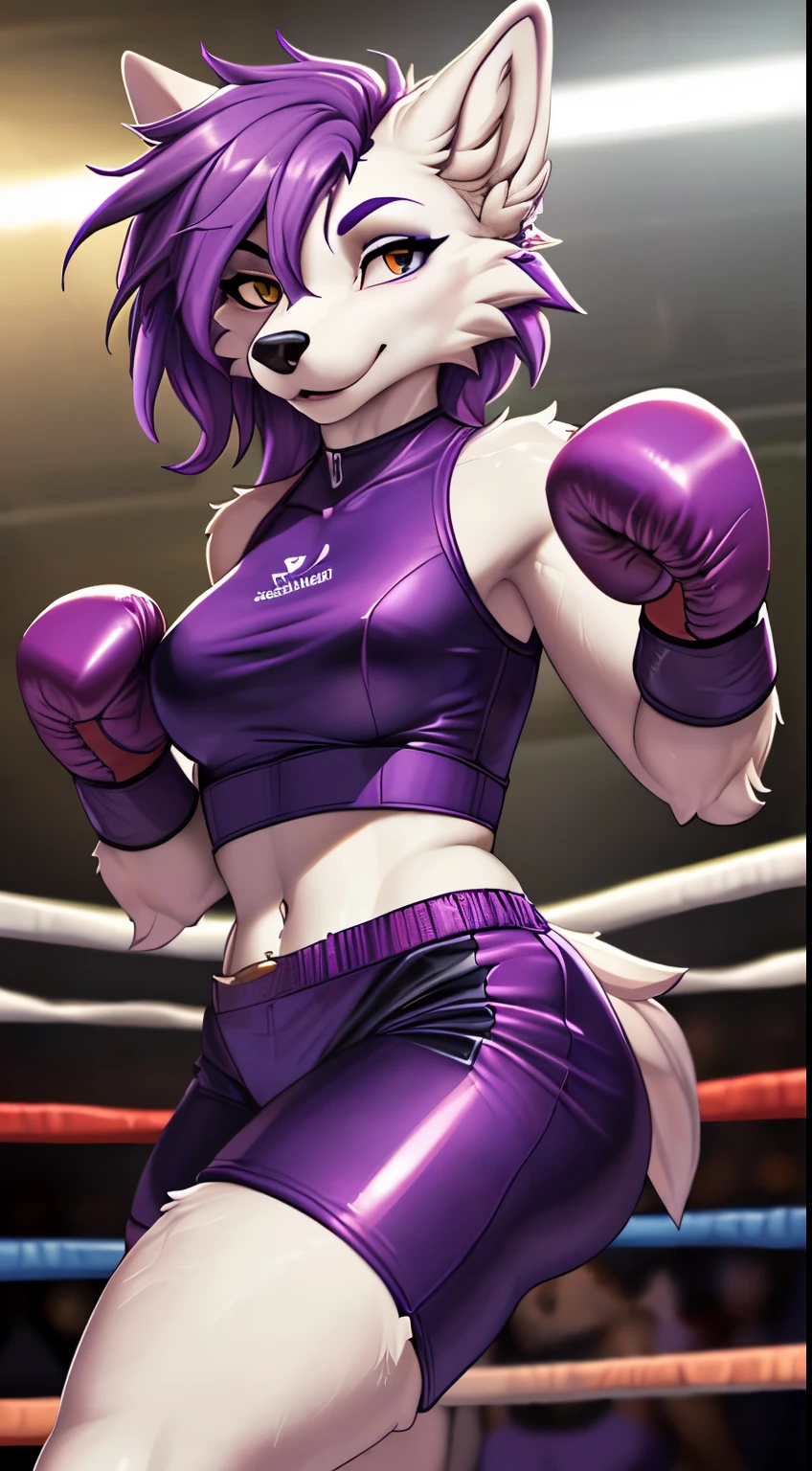 masterpiece, Best quality, arrogant wolf with white fur, young woman, purple hair, in a sexy purple boxing suit, wearing purple boxing gloves, standing in the boxing ring 