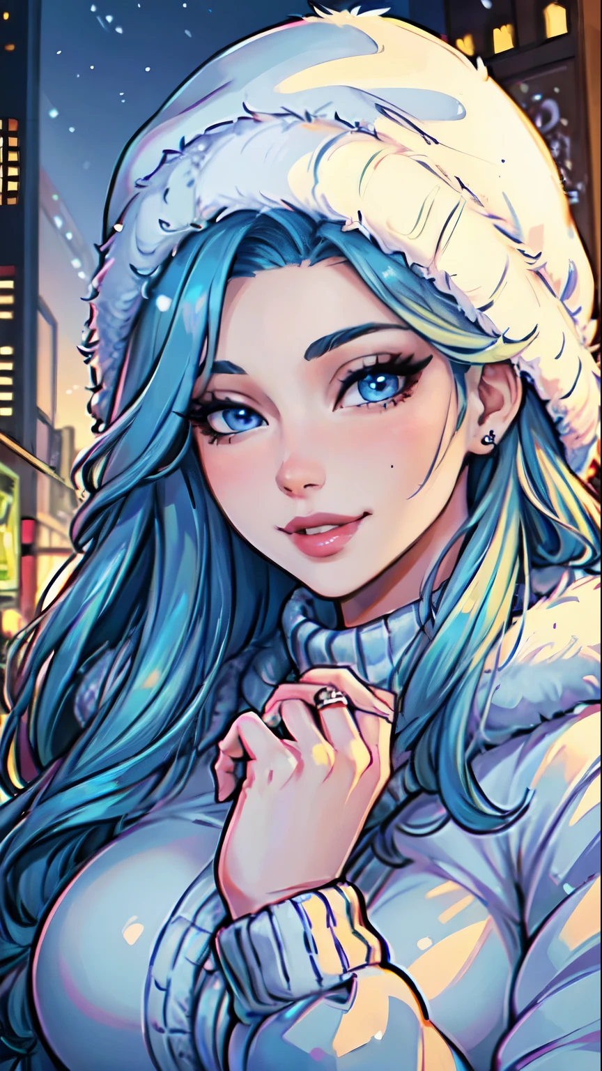 Masterpiece, raw, beautiful art, professional artist, 8k, art style by sciamano240, very detailed face, very detailed hair, 1girl, 25 years old, perfectly drawn body, beautiful face, long hair, light blue hair , very detailed blue eyes, pouty lips , rosey cheeks, intricate details in eyes, playful smile, looking directly at viewer , in love expression, wedding ring , lipstick, winter downtown setting, very close up on face, wearing cute winter clothes, winter coat, sweater, pov looking at viewer,