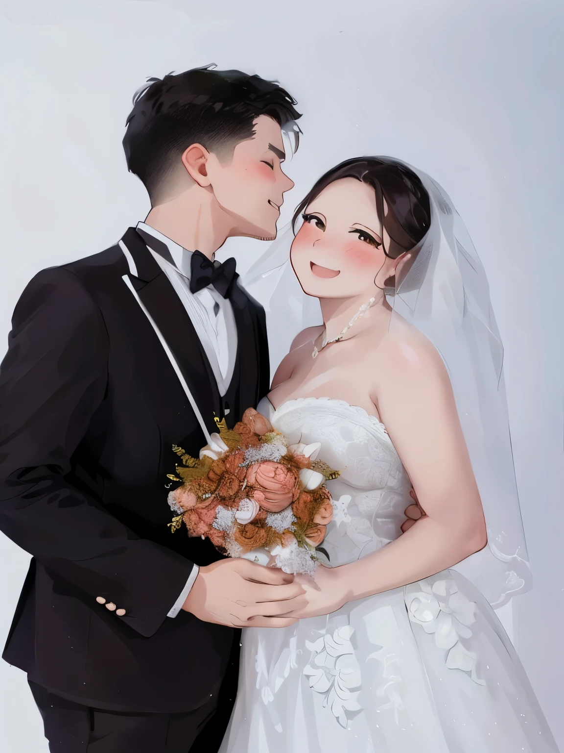 bride and groom posing for a photo in a studio with white background, wedding photo, lovely couple, couple pose, bride and groom, in front of white back drop, couple portrait, ruan jia and brom, wedding photography, shot with canon eoa 6 d mark ii, couples portrait, professional wedding photography, happy couple, captured on canon eos r 6