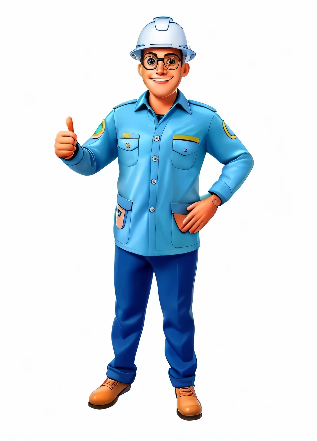 cartoon man with helmet and glasses giving a thumbs up, vestindo uniforme de encanador, professional illustration, professional illustration, full body illustration, Estilo de clipart de Harry Volk, commercial illustration, retrato de corpo inteiro, high quality illustration, retrato de personagem de corpo inteiro, retrato de corpo inteiro segurando garrafa, retrato de corpo inteiro, dando o joinha, Foto de corpo inteiro de Steve