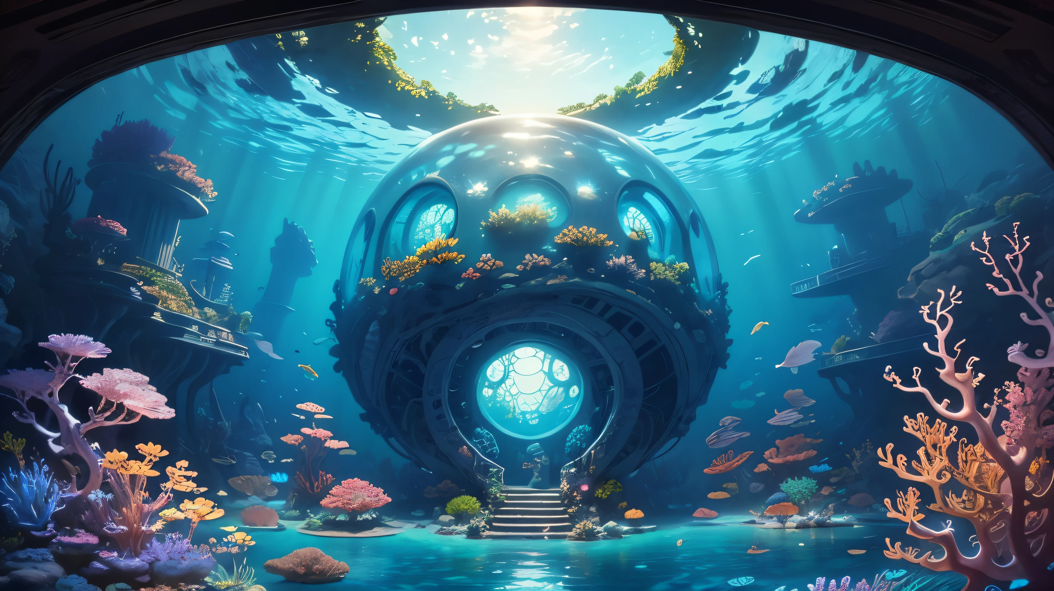 masterpiece, top quality, Best quality, Official art, beautiful and aesthetically pleasing:1.2, extremely detailed, (fractal art:1.3) Dive into the Mermaid Lagoon Sanctuary, residence with an underwater dome and large glass windows, overlooking a vibrant coral reef and azure lagoon. Here, you live underwater, where the tranquility and wonders of the ocean abound