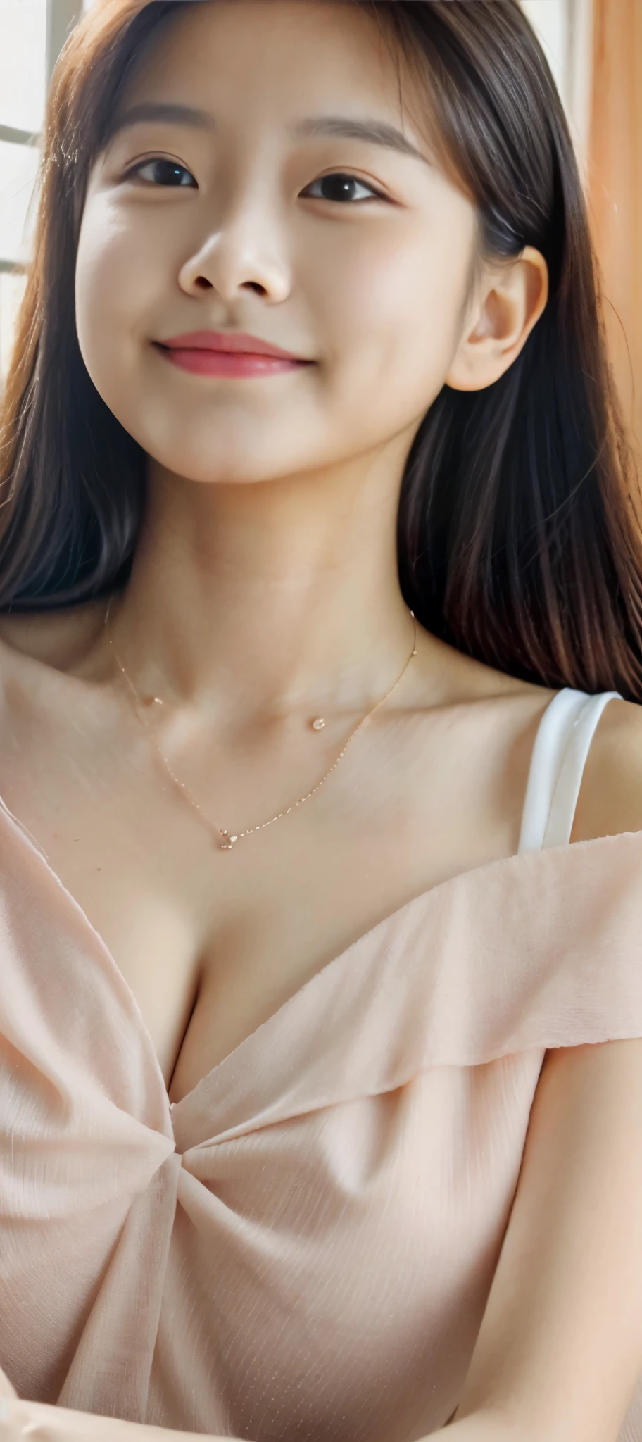 ((beautiful face)), extremely delicate facial,the creamy smooth skin,masterpiece, 1girl, best quality, ultra high res, (photorealistic:1.4),full_body,,tender shining,amazing scene lighting,(In classroom), ((black off-shoulder dress)),Look at the audience,necklace, (((lean forward))), (((cleavage)))