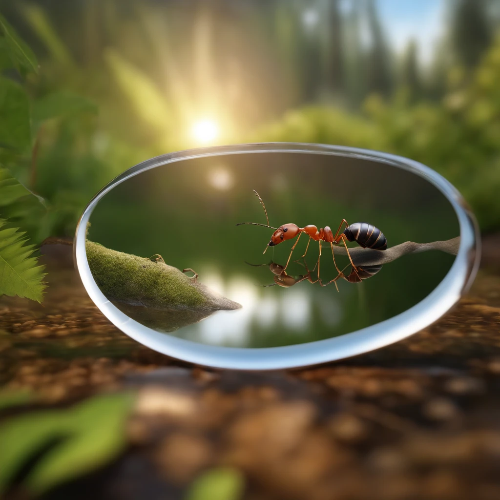 An ant looking in the mirror by the stream,Ant uses stream as mirror,High-angle lens shooting,Realistic cinematic rendering, 3D rendering, Realistic CGI rendering, Depicted as 3D rendering