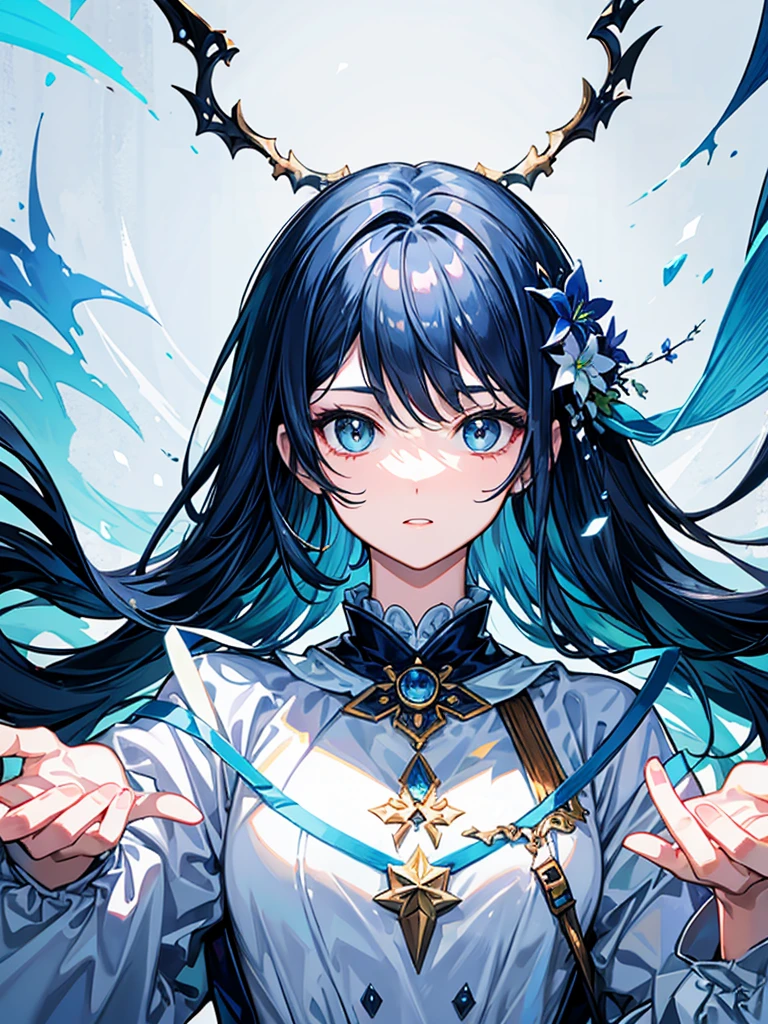 (((masterpiece、Highest image quality、highest quality、highly detailed unity 8kwallpaper)))、((Illustration of one girl))、(((beautiful girl)))、blue hair、white clothes