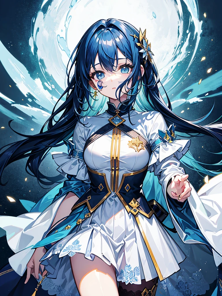 (((masterpiece、Highest image quality、highest quality、highly detailed unity 8kwallpaper)))、((Illustration of one girl))、(((beautiful girl)))、blue hair、white clothes