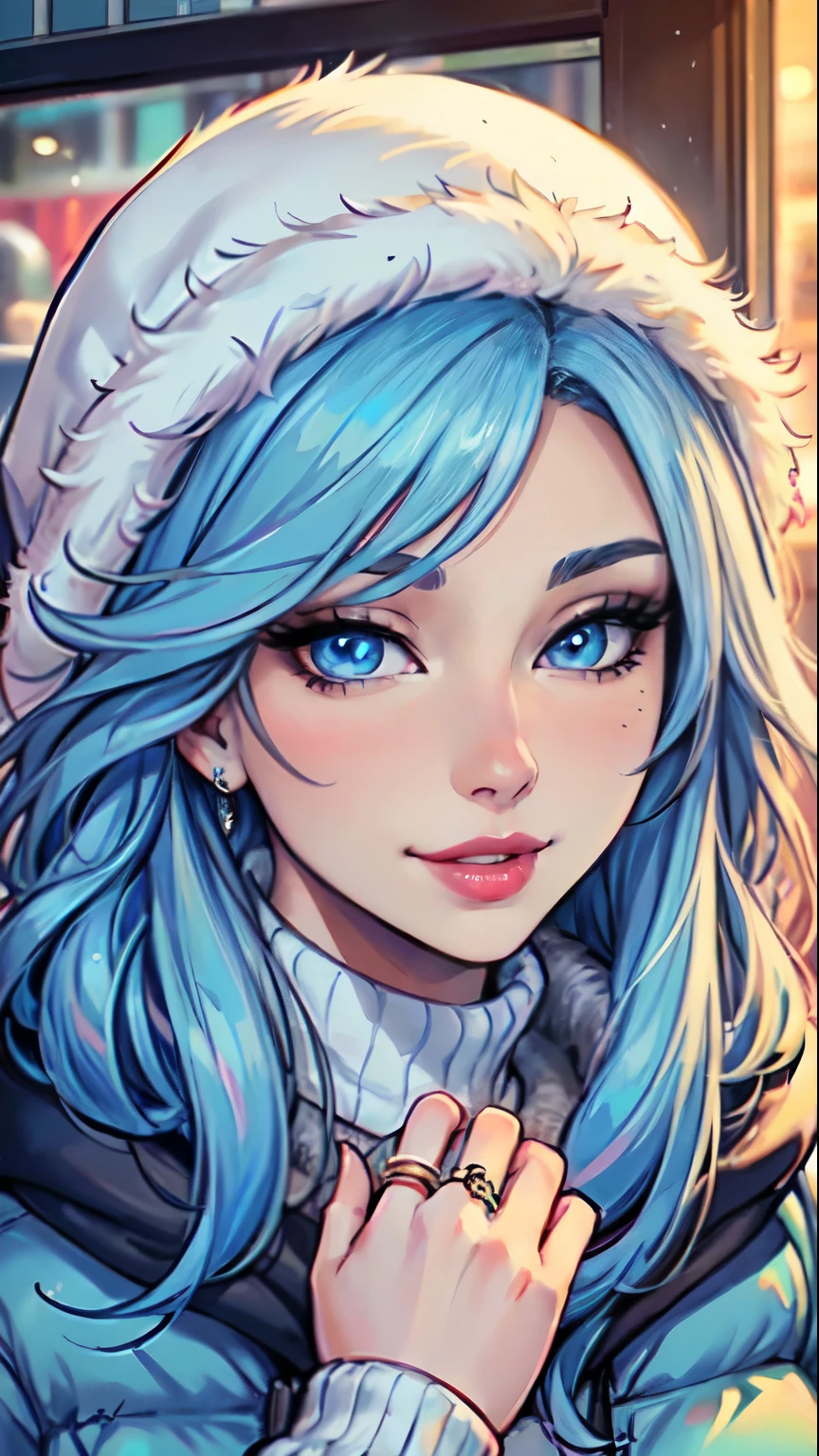 Masterpiece, raw,  beautiful art, professional artist, 8k, art style by sciamano240, very detailed face, very detailed hair, 1girl, 25 years old, perfectly drawn body, beautiful face, long hair, light blue hair , very detailed blue eyes, pouty lips , rosey cheeks, intricate details in eyes, playful smile, looking directly at viewer , in love with viewer expression, wedding ring , lipstick, winter downtown setting, very close up on face, wearing cute winter clothes, winter coat, sweater, pov looking at viewer,