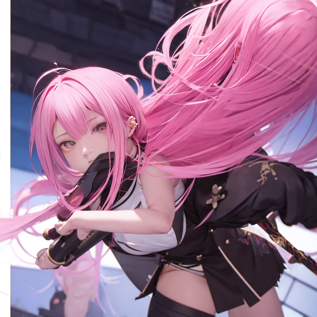 anime girl with pink hair and black outfit holding a sword, trending on artstation pixiv, guweiz on pixiv artstation, cushart krenz key art feminine, krenz cushart and artgerm, artwork in the style of guweiz, haruno sakura, ayaka genshin impact, digital art on pixiv