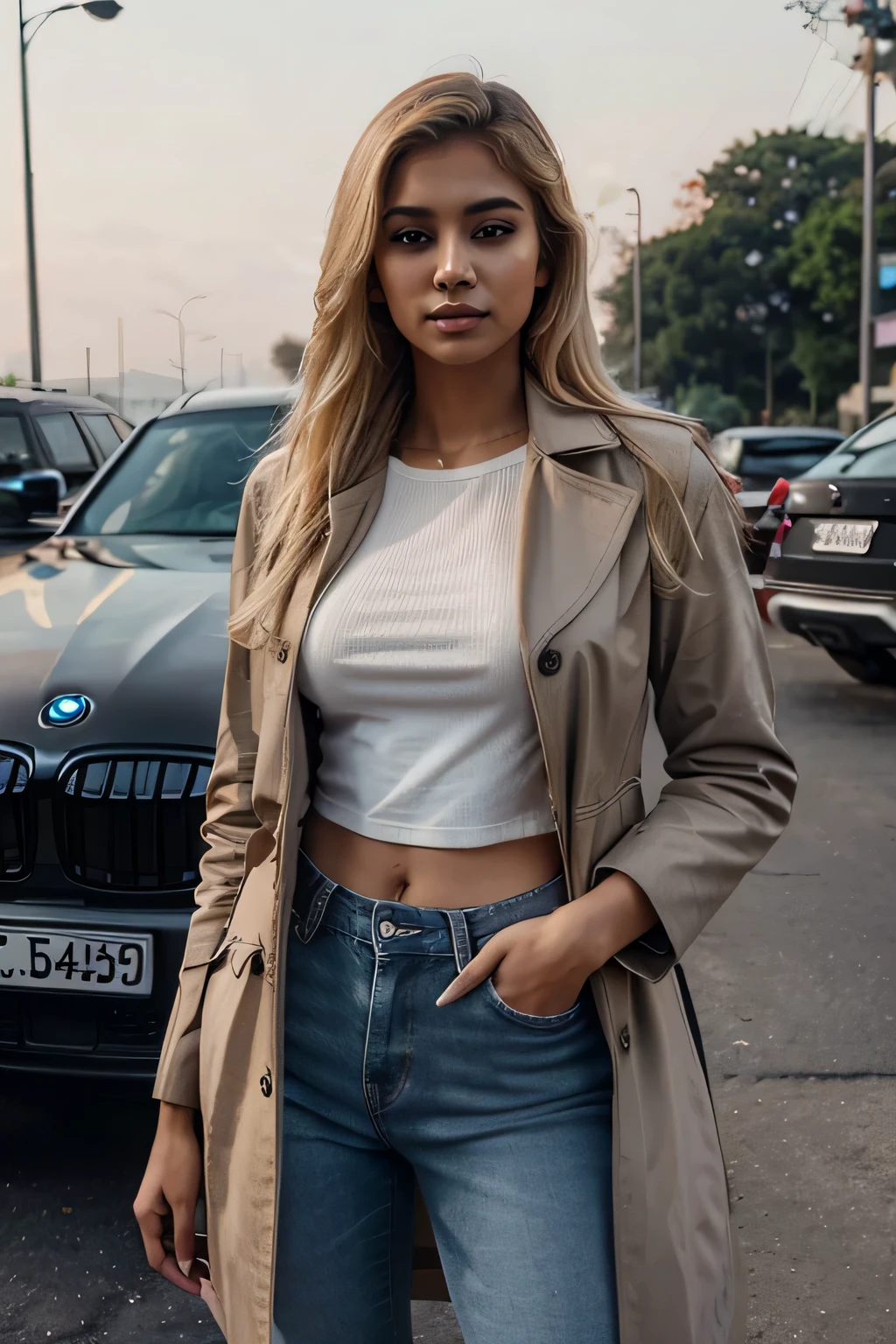 A stunning medium shot of a blonde Instagram Indian model with a beautiful face and a perfect body. She is wearing jeans with tee and coat,she is branding a BMW car, side on the camera