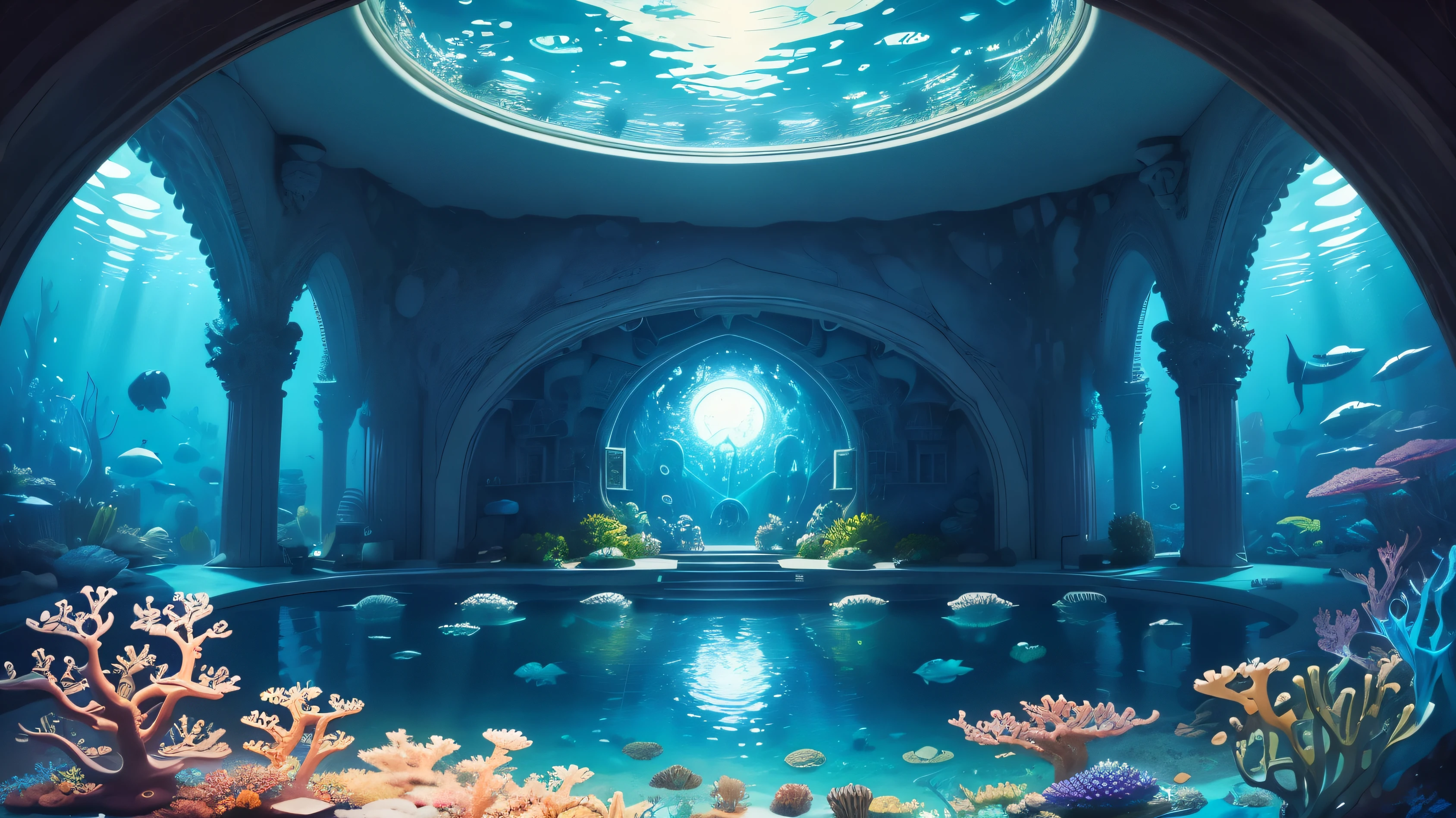 masterpiece, top quality, Best quality, Official art, beautiful and aesthetically pleasing:1.2, extremely detailed, (fractal art:1.3) Dive into the Mermaid Lagoon Sanctuary, residence with an underwater dome and large glass windows, overlooking a vibrant coral reef and azure lagoon. Here, you live underwater, where the tranquility and wonders of the ocean abound