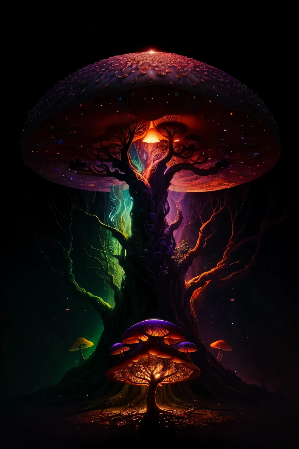 Digital collage creation by Jacques Bauwens,showcased on his Tumblr page, features a surreal and intriguing blend of a mushroom and a tree. The mushroom, majestically standing tall, is adorned with intricate patterns and vibrant colors, overflowing with a magical aura. Its cap, in shades of purple and red, glows softly, emanating an ethereal light that envelopes the surrounding environment. The tree, with its sprawling branches and massive trunk, is a testament to the power of nature. Integrated seamlessly into the tree are various layers of abstract designs, transforming the ordinary tree into an extraordinary entity. The image is im