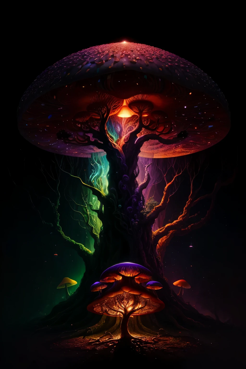 Digital collage creation by Jacques Bauwens,showcased on his Tumblr page, features a surreal and intriguing blend of a mushroom and a tree. The mushroom, majestically standing tall, is adorned with intricate patterns and vibrant colors, overflowing with a magical aura. Its cap, in shades of purple and red, glows softly, emanating an ethereal light that envelopes the surrounding environment. The tree, with its sprawling branches and massive trunk, is a testament to the power of nature. Integrated seamlessly into the tree are various layers of abstract designs, transforming the ordinary tree into an extraordinary entity. The image is im