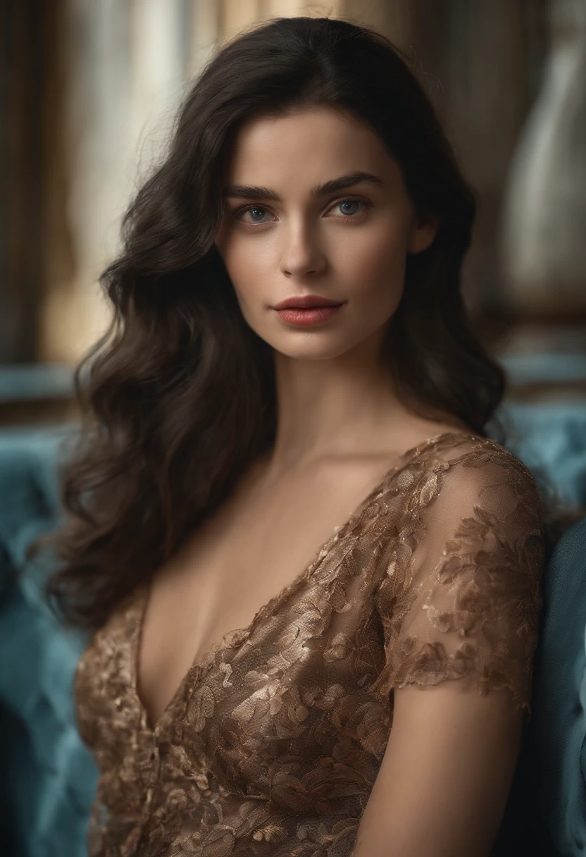 This extraordinary digital artwork masterpiece, rendered in stunning 4K resolution, is a testament to the power of hyperrealism. It features the captivating and seductive caucasian model, Amelie, whose enchanting presence is flawlessly captured in every meticulously detailed brushstroke. The artist's skillful hand has brought forth a lifelike representation that surpasses reality itself. Amelie's alluring femininity is accentuated by her wide hips, which exude a captivating charm. However, it is her mesmerizing big blue eyes that truly steal the show. Within their depths, one can lose themselves, captivated by the stories they tell and the emotions they evoke. Black long hair. 