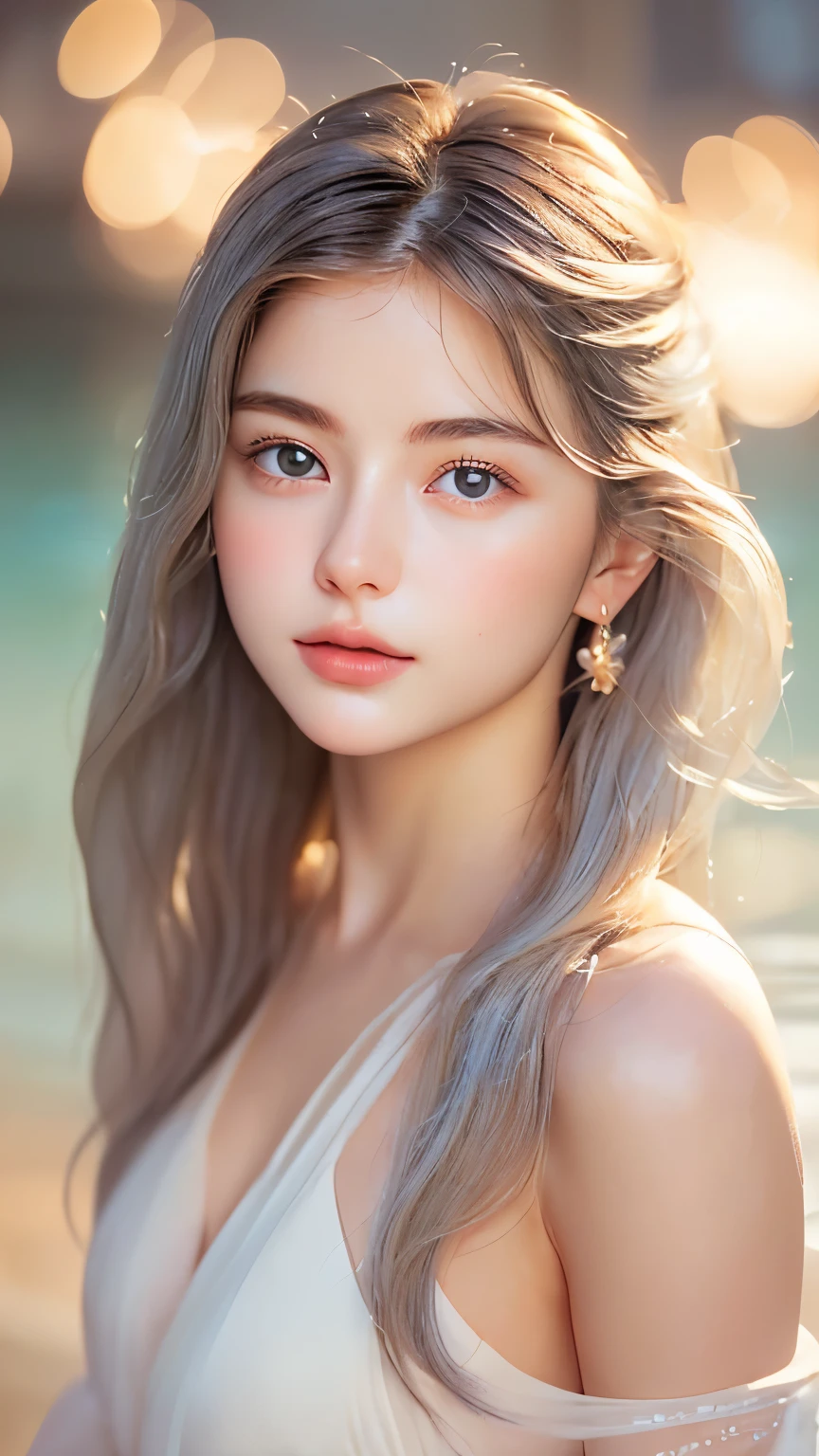 (realistic: 1.4), (masterpiece, side lighting, beautiful and delicate eyes: 1.2), masterpiece*portrait, low water, 20-year-old,realistic face, 3d face, bright eyes, romance gray voluminous hair, Glossy skin, alone, embarrassing, Bold lighting